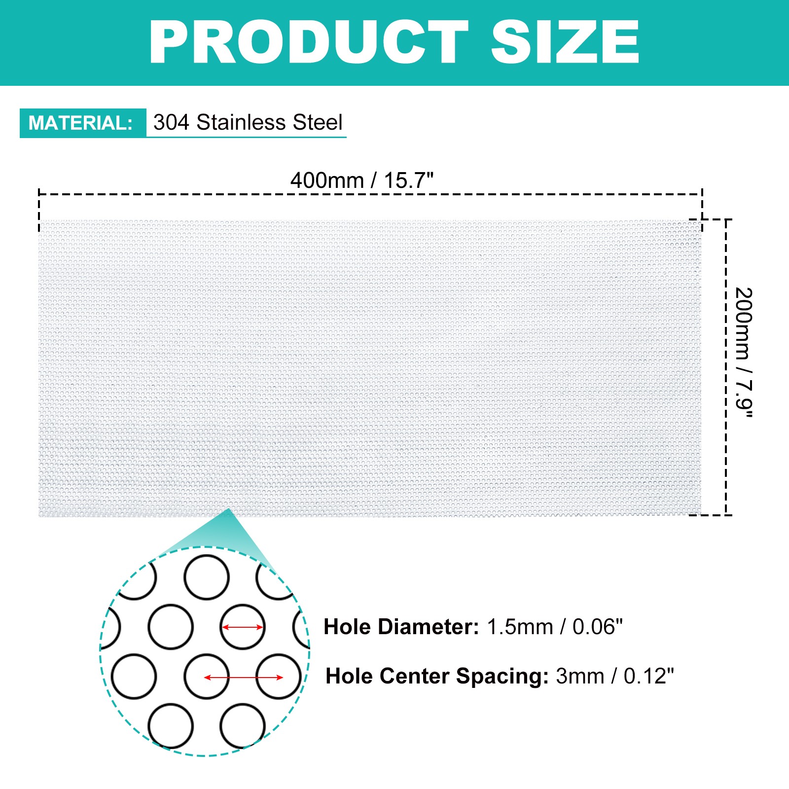15.8″x7.9″ 304 Stainless Steel Perforated Sheet 0.06″ Hole Metal Mesh Plate