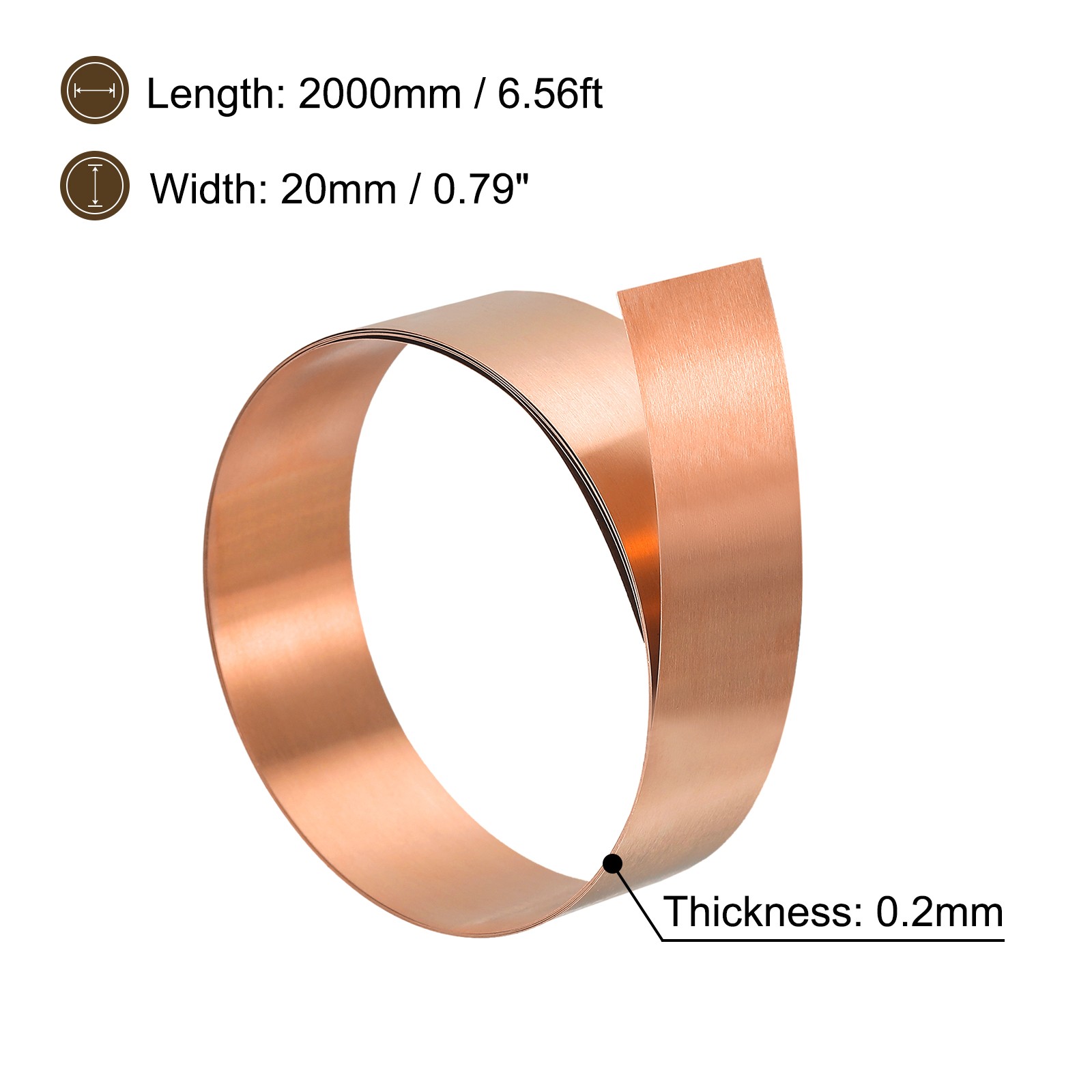 Copper Sheet Roll, Metal Foil Plate 2000mm x 20mm x 0.2mm
