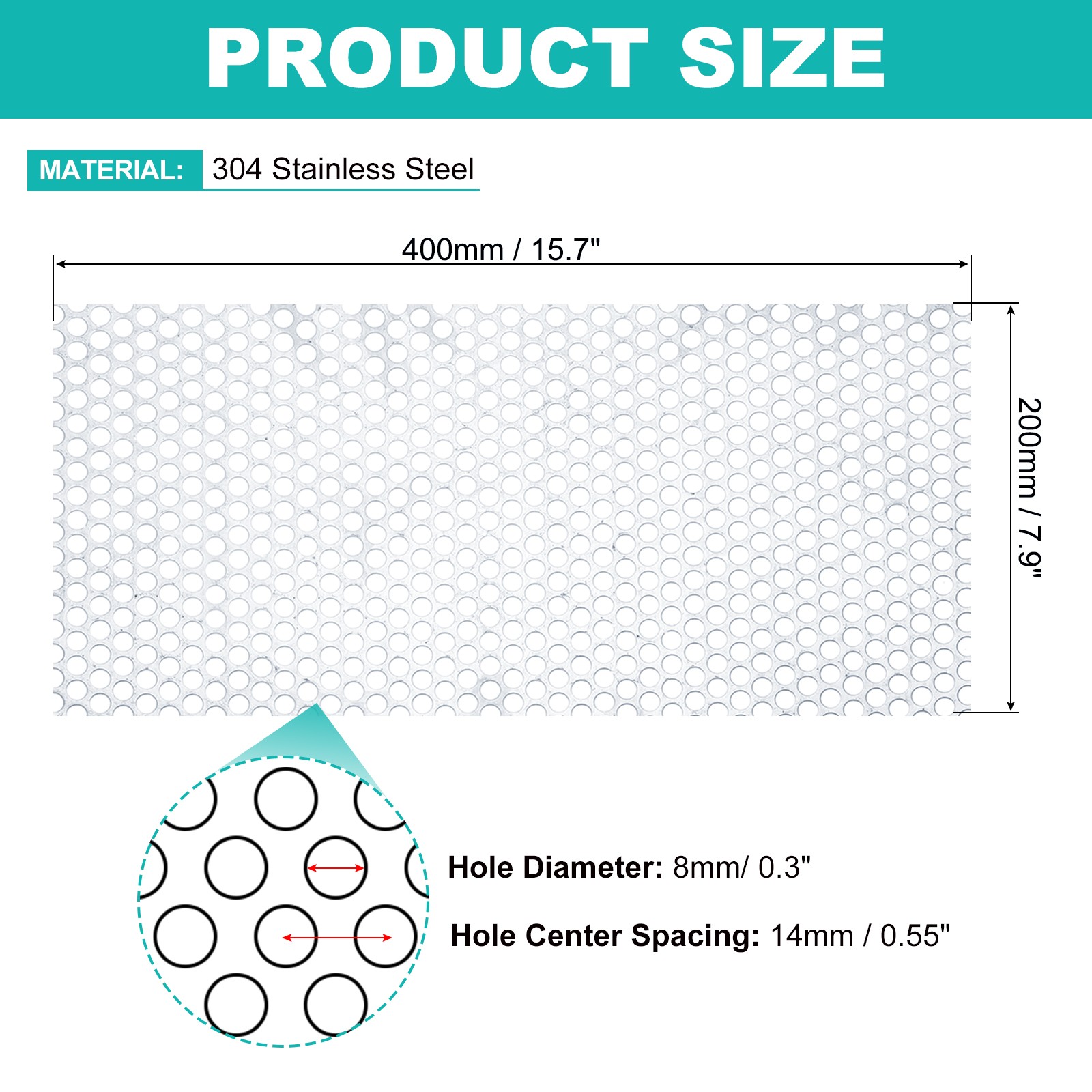 20GA 15.7″ x 7.9″ Round Hole 304 Stainless Steel Perforated Sheet