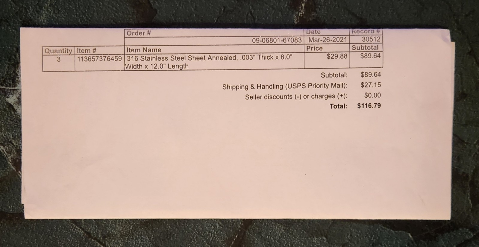 3 Maudlin 316 Stainless Steel Sheets Annealed .003″ Thick × 8″ Width × 12″ Long