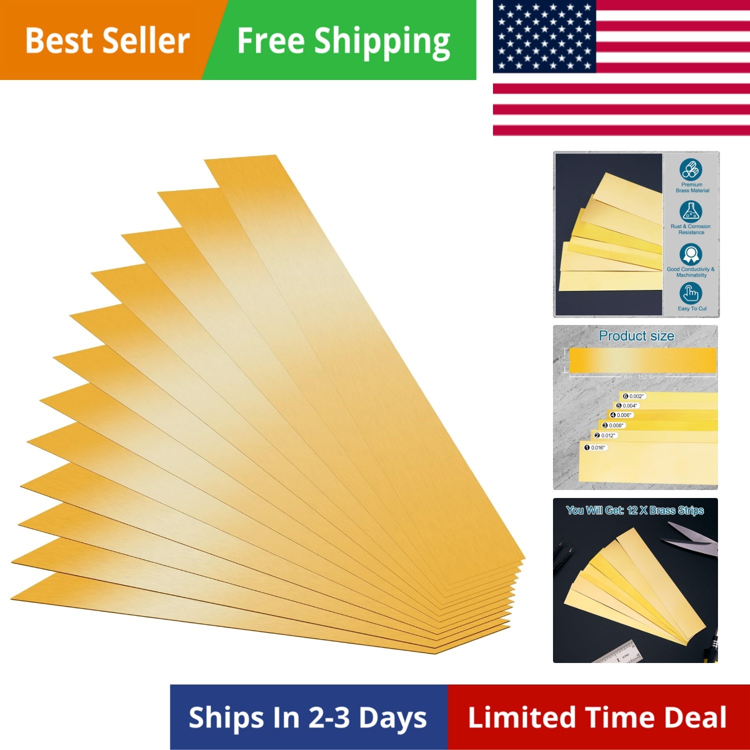 12 Pieces Brass Strip, Shim Stock Assortment, 1″ Width x 6″ Length, 0.002″, 0…