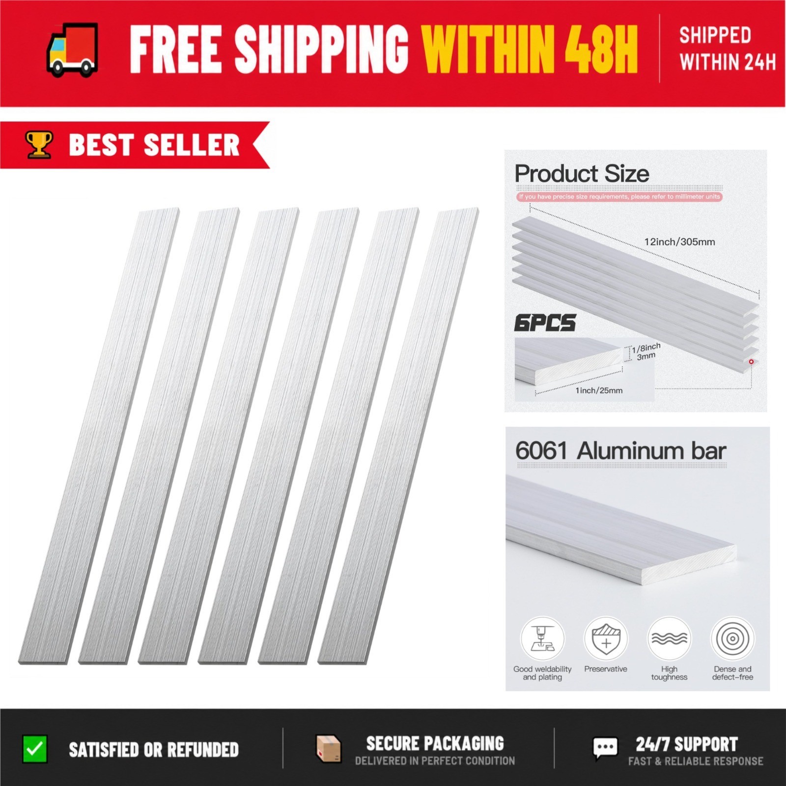 6061 Aluminum Flat Bar 1/8″ x 1″ x 12″ – 6 Pieces – General Purpose