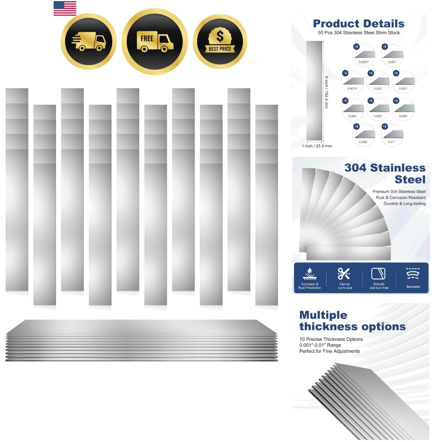 50 Pcs Shim Stock Assortment, 304 Stainless Steel 1″ Width x 6″ Length Metal …