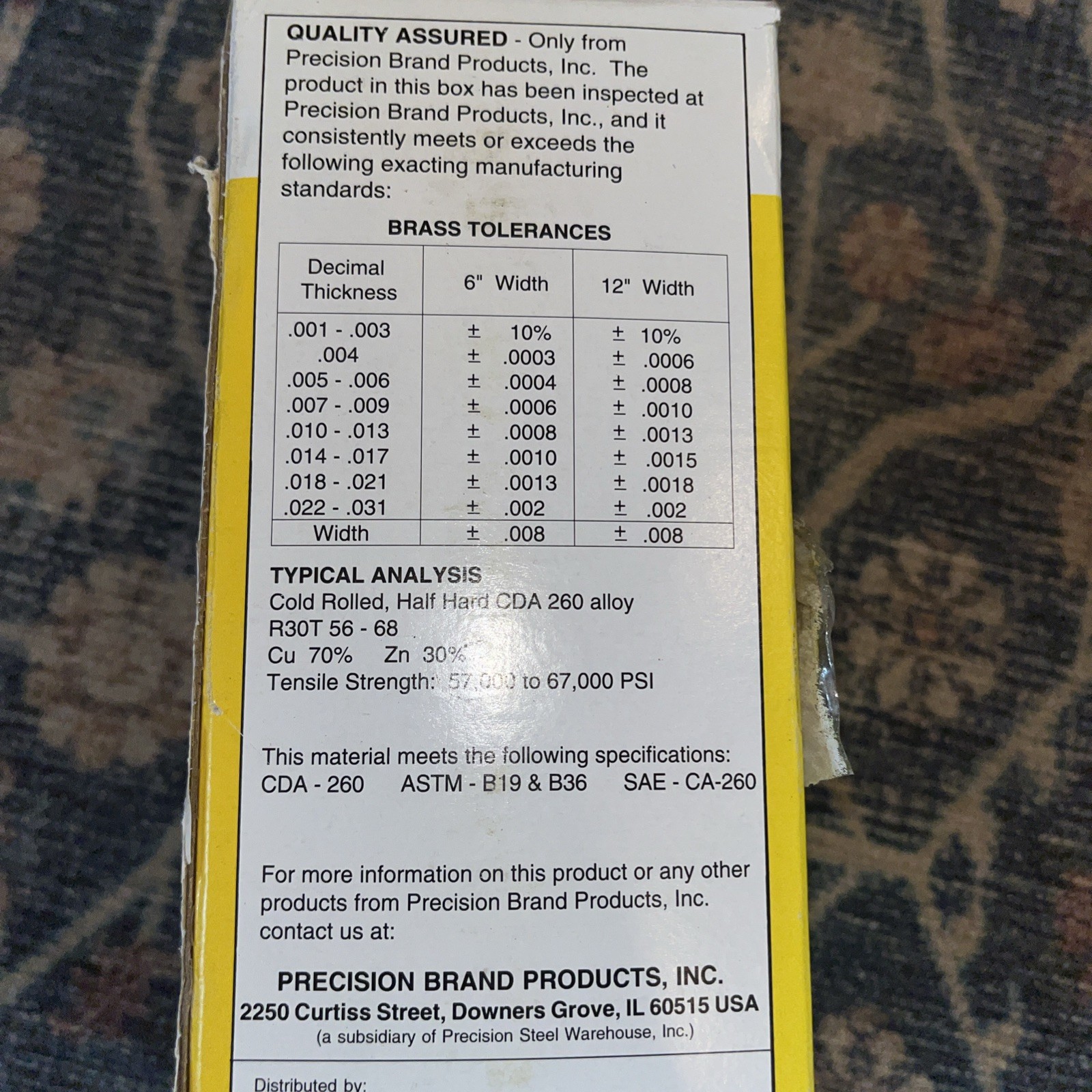 Precision Brand Brass Shim Stock .002 6”x 100” 17195 1 Pack NOS