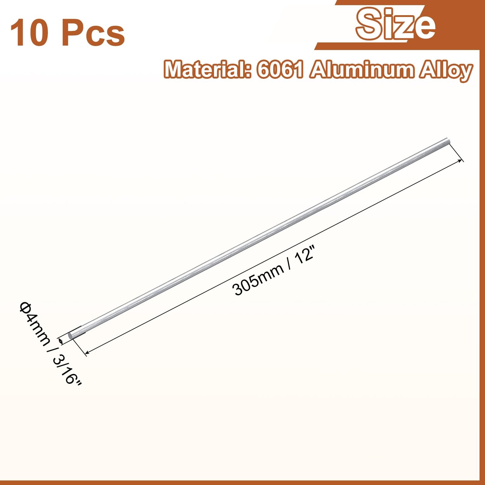 uxcell 10Pcs 3/16″(4mm) Dia Round Aluminum Rod, 4mm x 305mm, Silver
