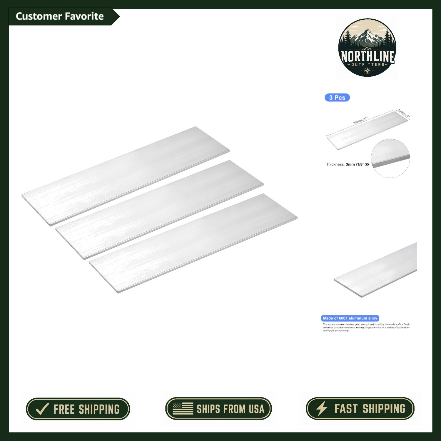 Set of 3 6061 Aluminum Flat Bars – 1/8″ x 4″ x 12″, Corrosion-Resistant