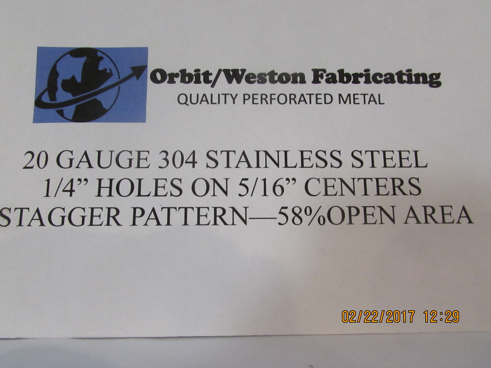 –1/4″ HOLES 304 STAINLESS STEEL– 20 GAUGE 10″ X 11-3/8–