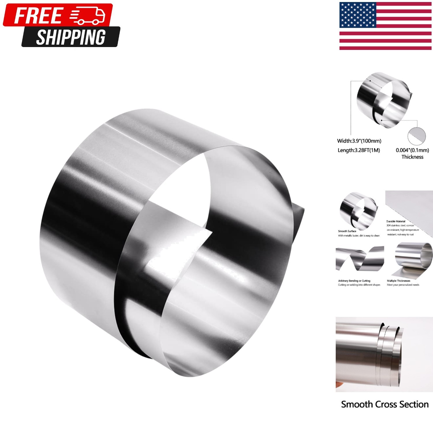 304 Stainless Steel Foil Roll, 0.1mm x 100mm x 1M, Metal Strip Sheet for Indu…