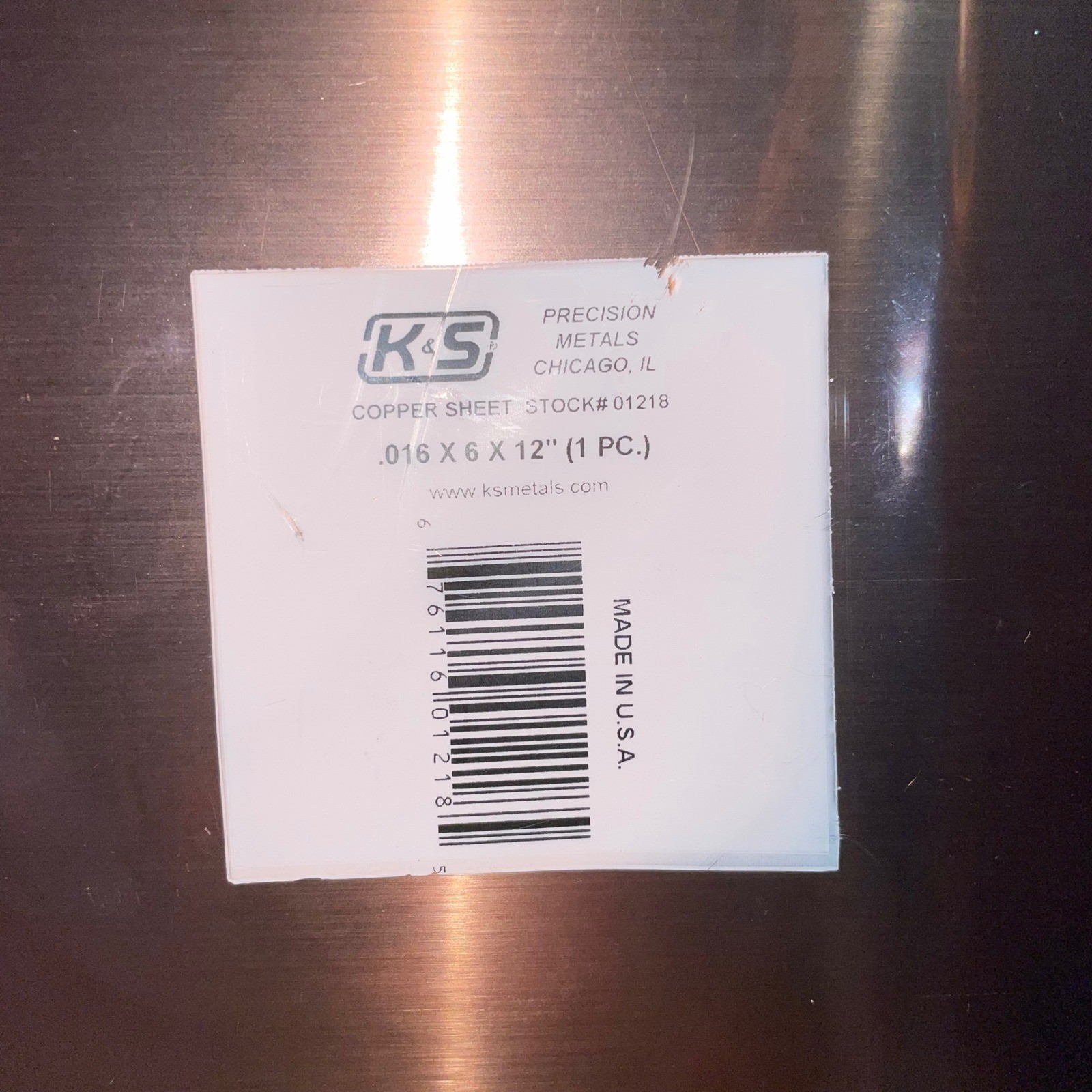 K&S Precision Metals 01218 Copper Sheet .016 x 6 x 12 Inch 1 Piece Made in USA