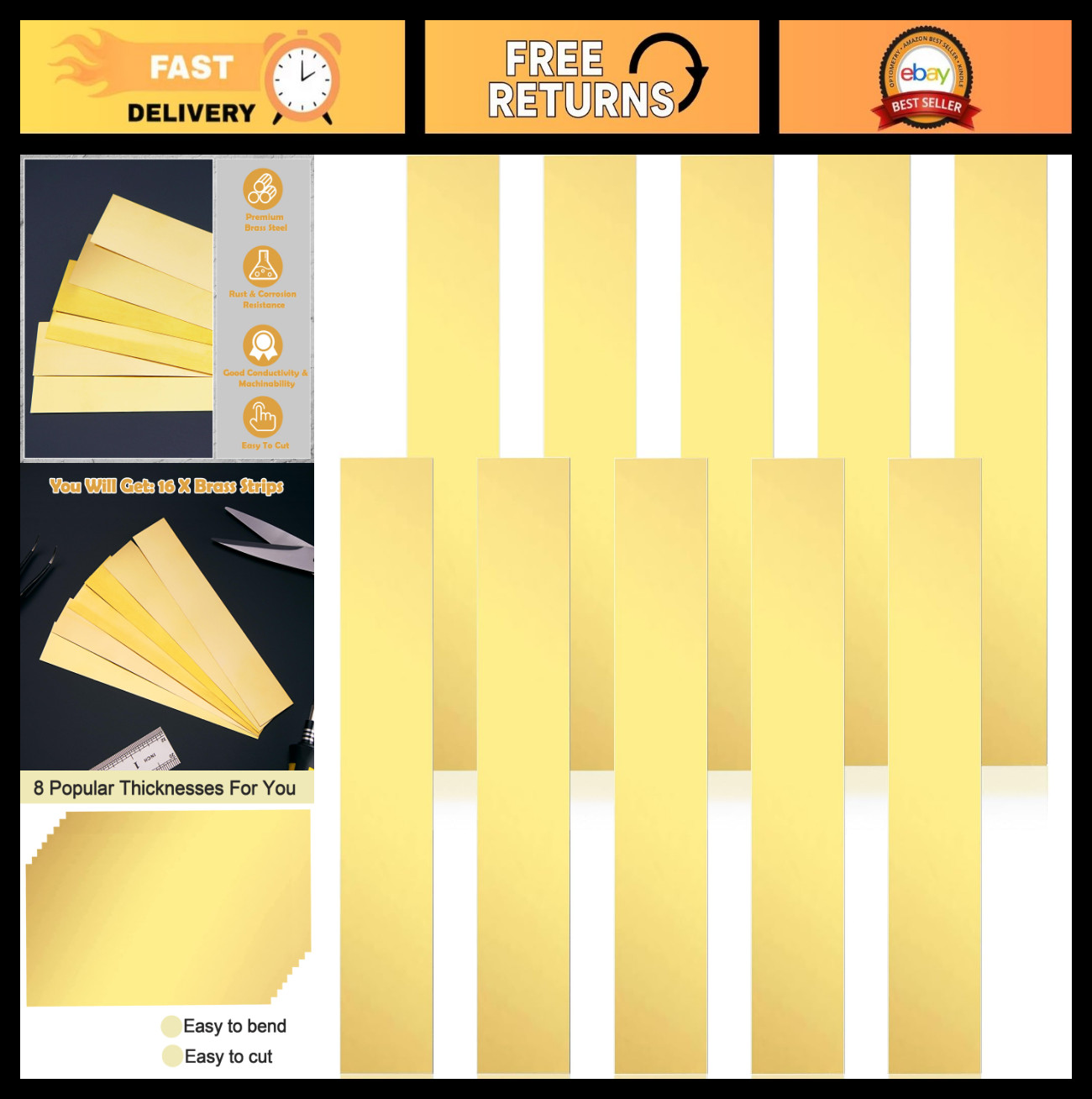 16 Brass Sheets Assortment – 6″x1″ Metal Shim Stock, Various Thicknesses 0.001″-