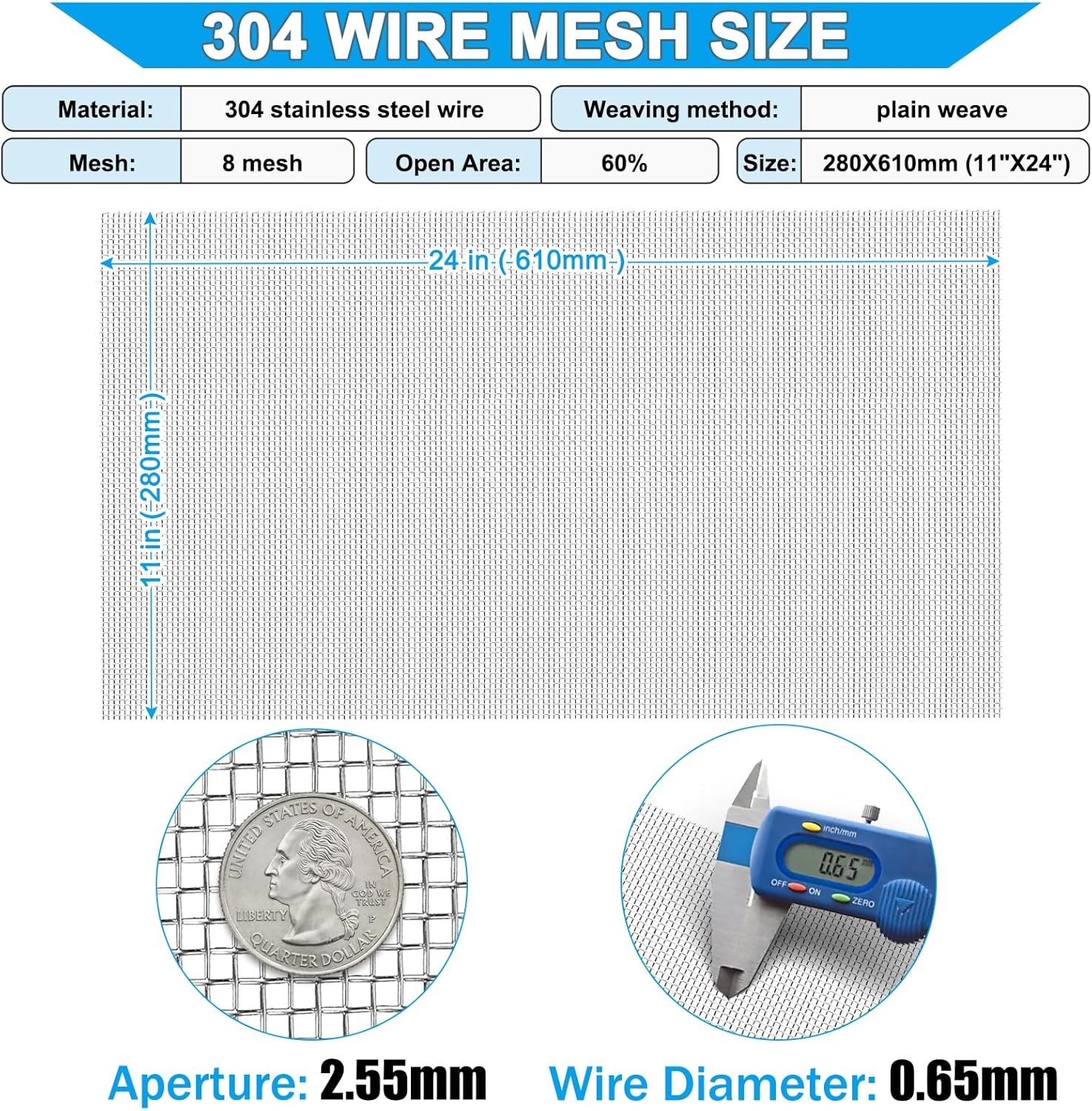 Valchoose 8 Mesh 304 Stainless Steel Mesh Screen11 X24(280X610Mm), 4PACK Stainle