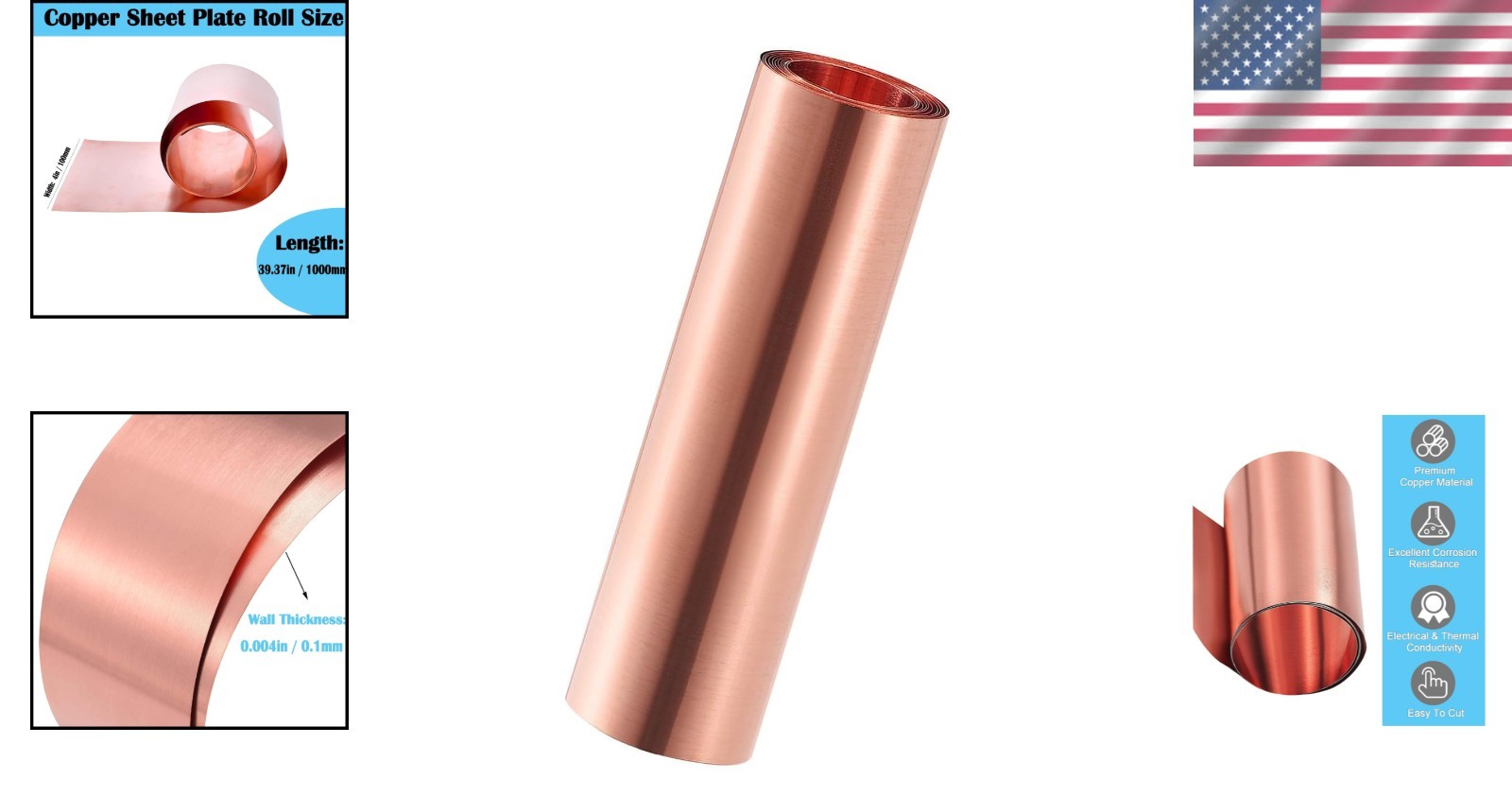 Durable 99.9% Pure Copper Foil Roll 0.1mm x 100mm x 1000mm for Home and Art