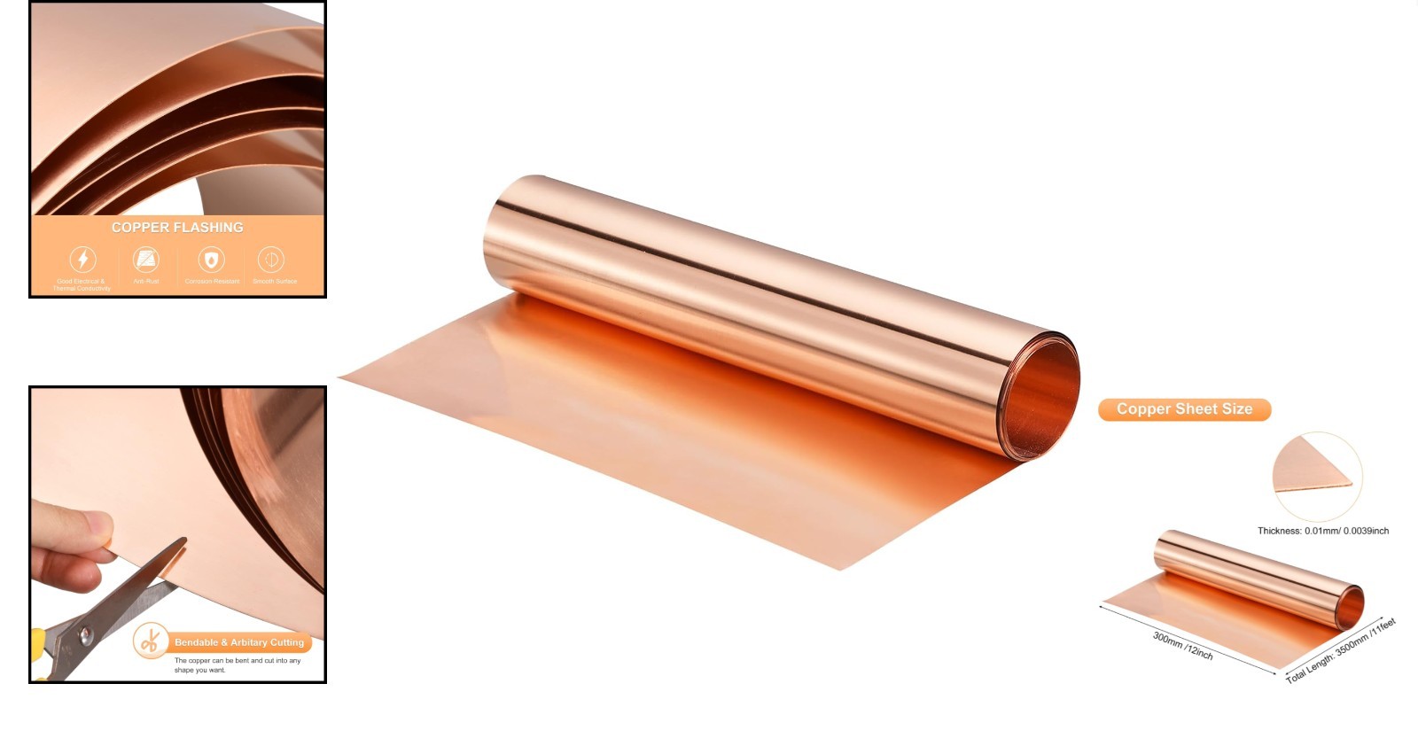Industrial Grade Copper Strip Roll 3500mm x 300mm x 0.1mm – Weather Resistant