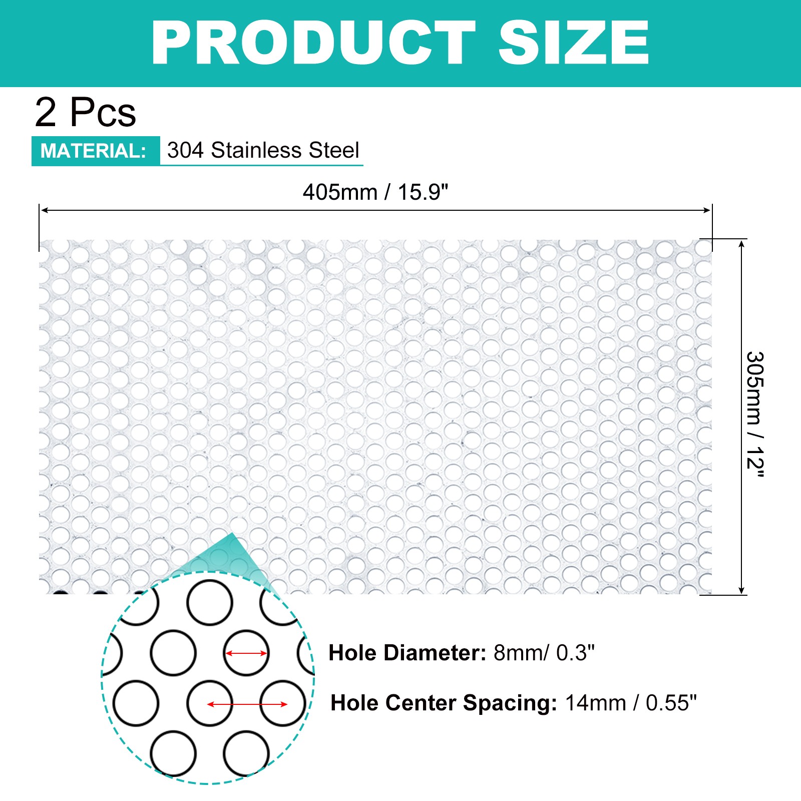 2Pcs 20GA 15.9″ x 12″ Round Hole 304 Stainless Steel Perforated Sheet