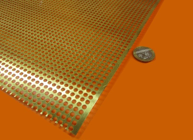 Brass Perforated Extra Thin Sheet, .016″ Thick x 24″ x Per Ft”, .138″ Hole Dia.