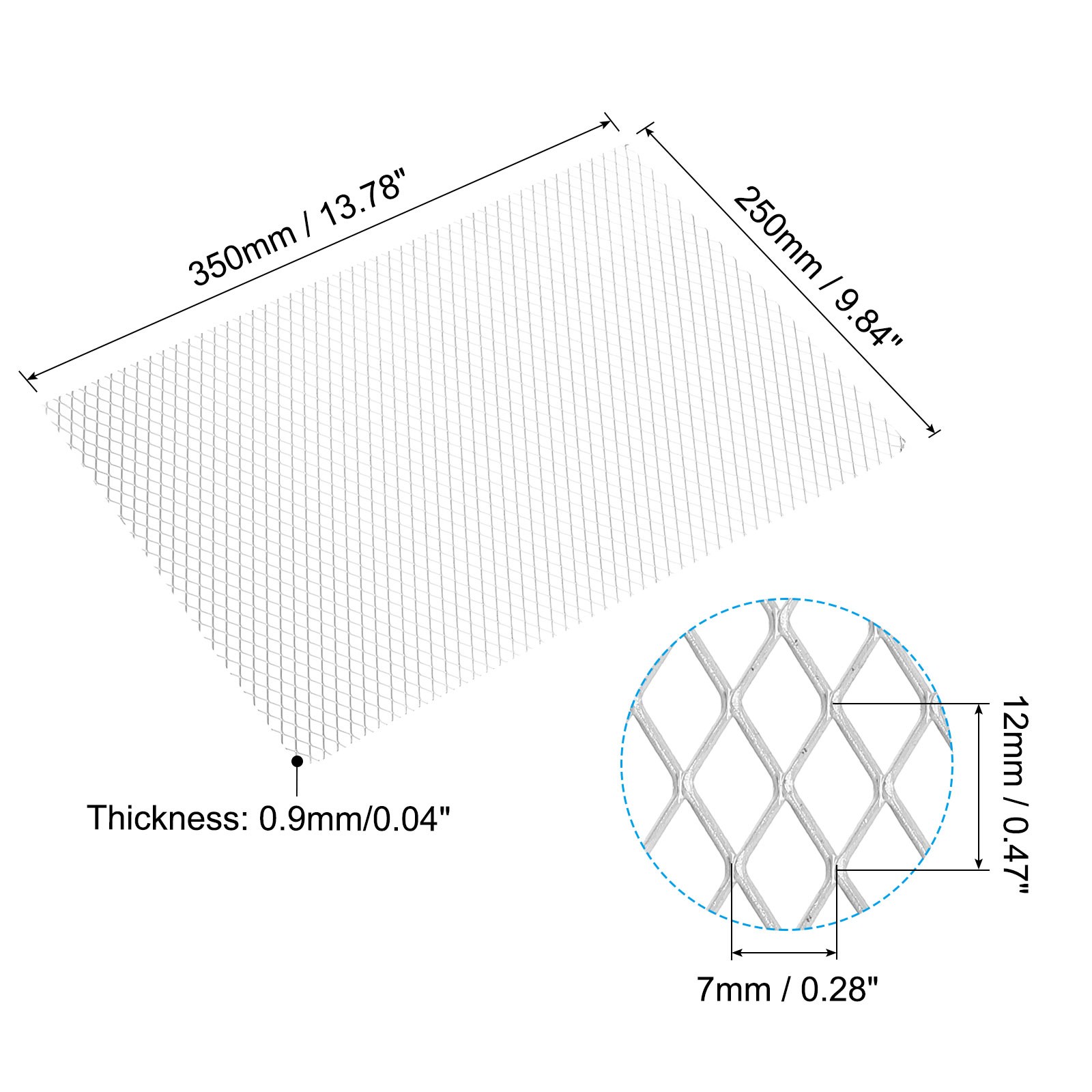 9.8″L x 13″W Universal Car Grill Mesh, 7x12mm Diamond Hole, Silver Tone