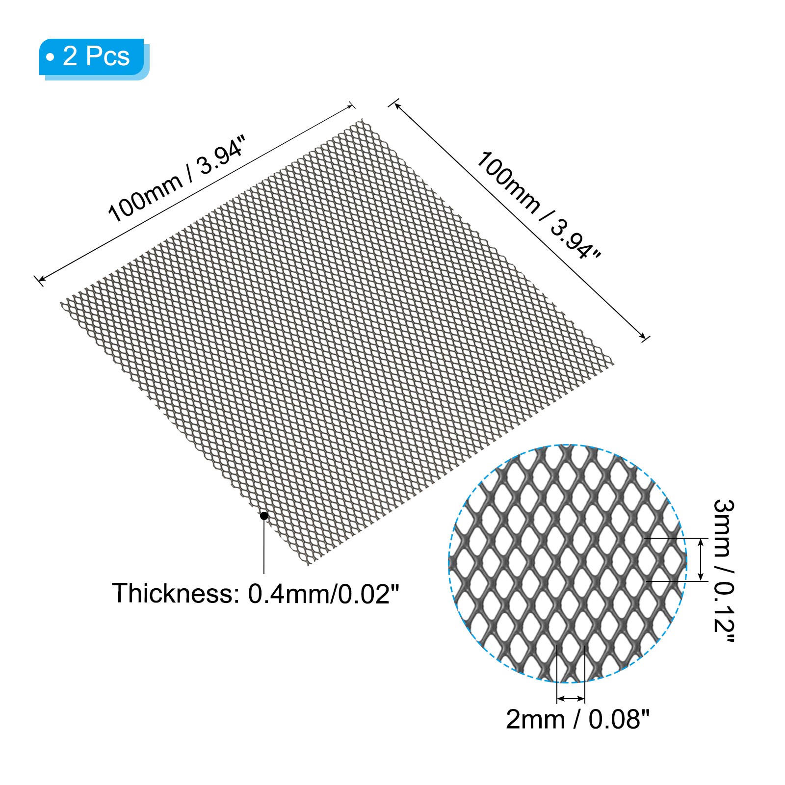 4″L x 4″W Universal Car Grill Mesh, 2Pcs 2x3mm Diamond Hole, Black