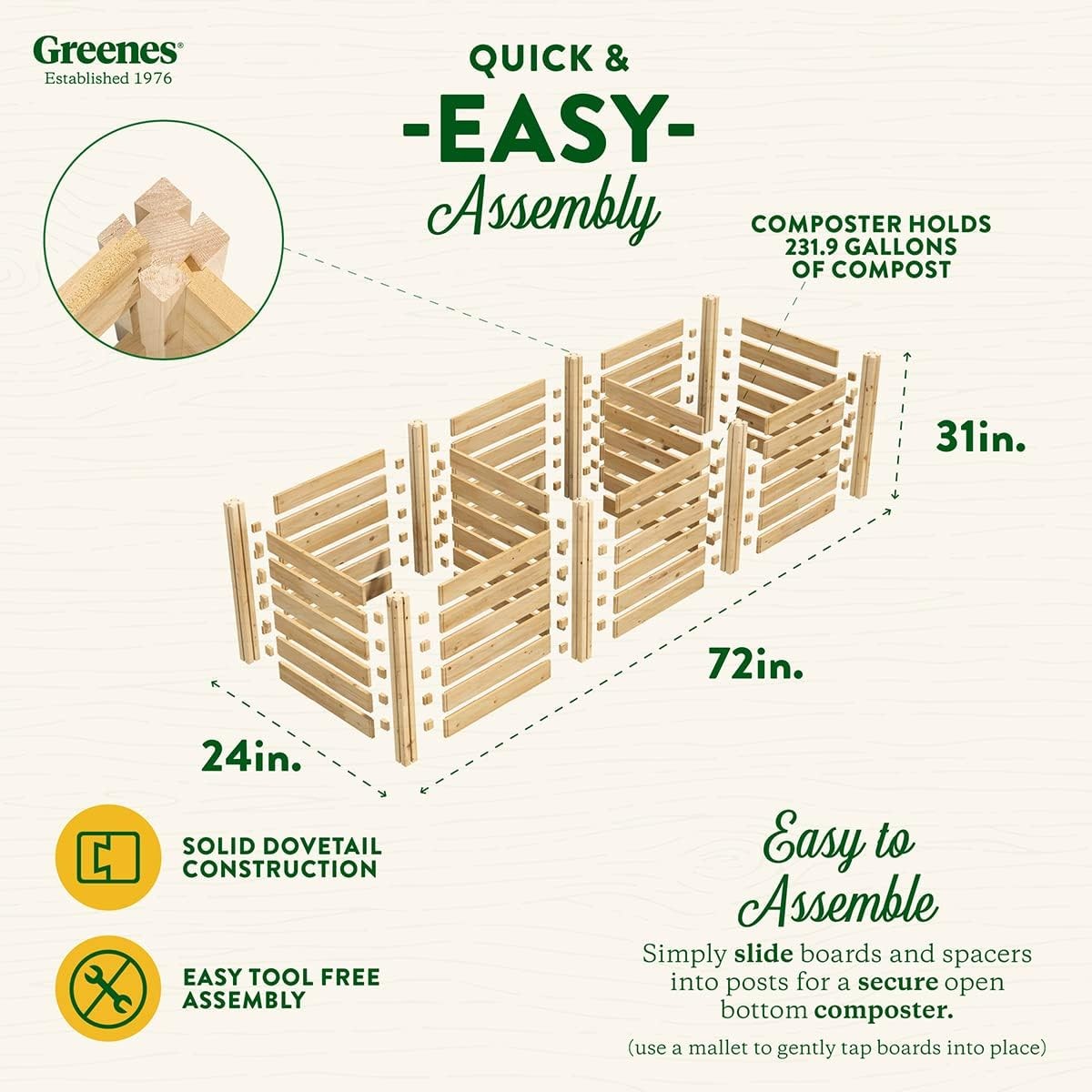 Premium Cedar Wood Composter 24″ W x 72″ L x 31″ H 3/4″ Thick / 231.9 Gallons