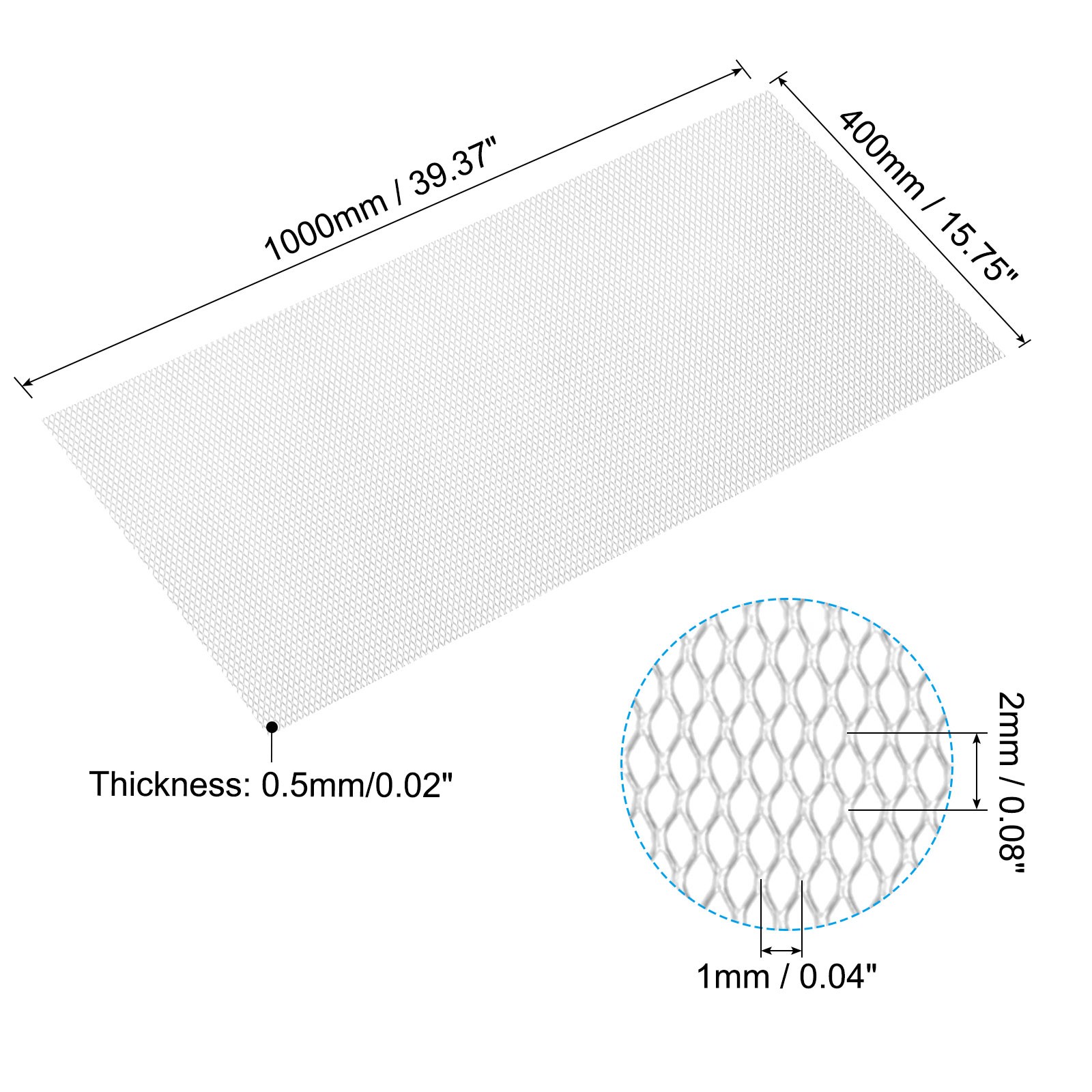 40″L x 15.7″W Universal Car Grill Mesh, 1x2mm Diamond Hole, Silver Tone
