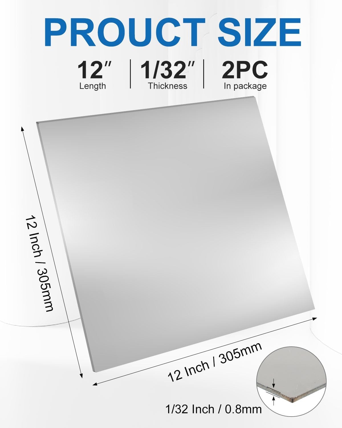Rocaris 2pcs 304 Stainless Steel Sheet, 12″ X X 12x12x1/32inch, Grey