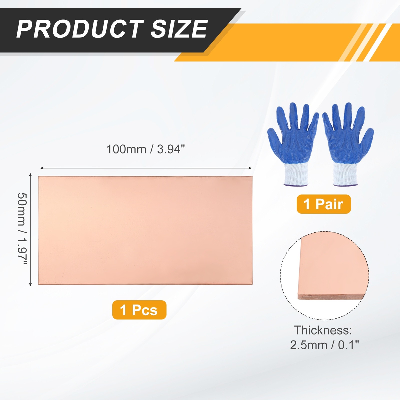 99.9% Pure Copper Sheet, 100 x 50 x 2.5mm with Gloves