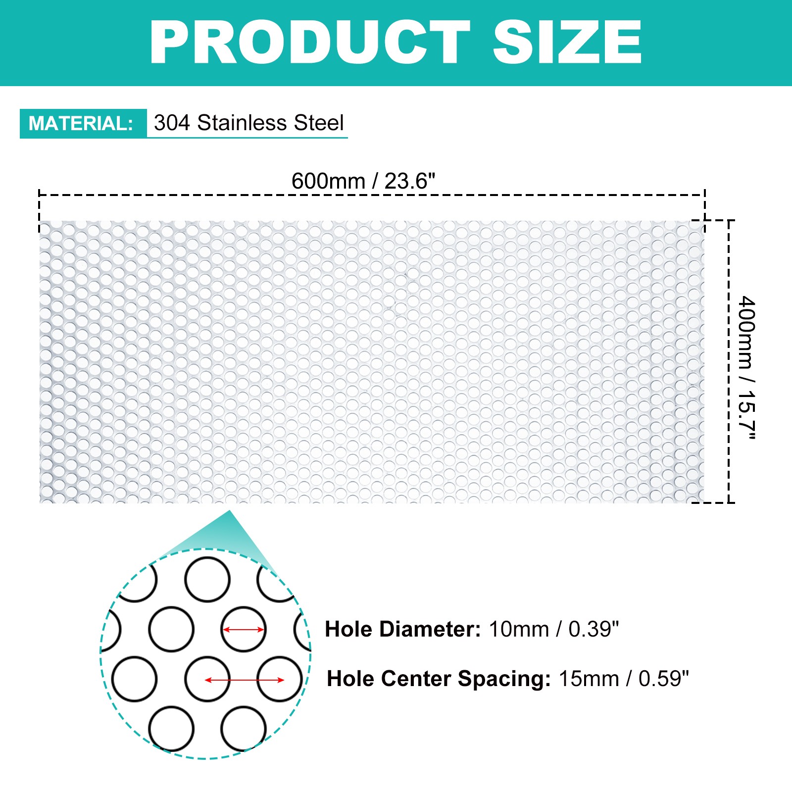 304 Stainless Steel Perforated Sheet 23.6×15.7″ 0.39″ Hole 19GA for DIY
