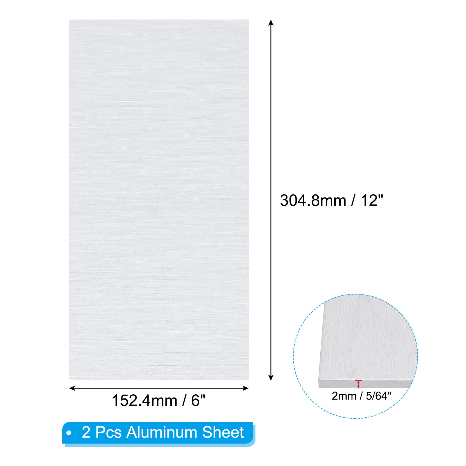 6061 T651 Aluminum Sheet Metal 12 x 6 x 5/64(0.08″) Inch 2Pcs Flat 2MM