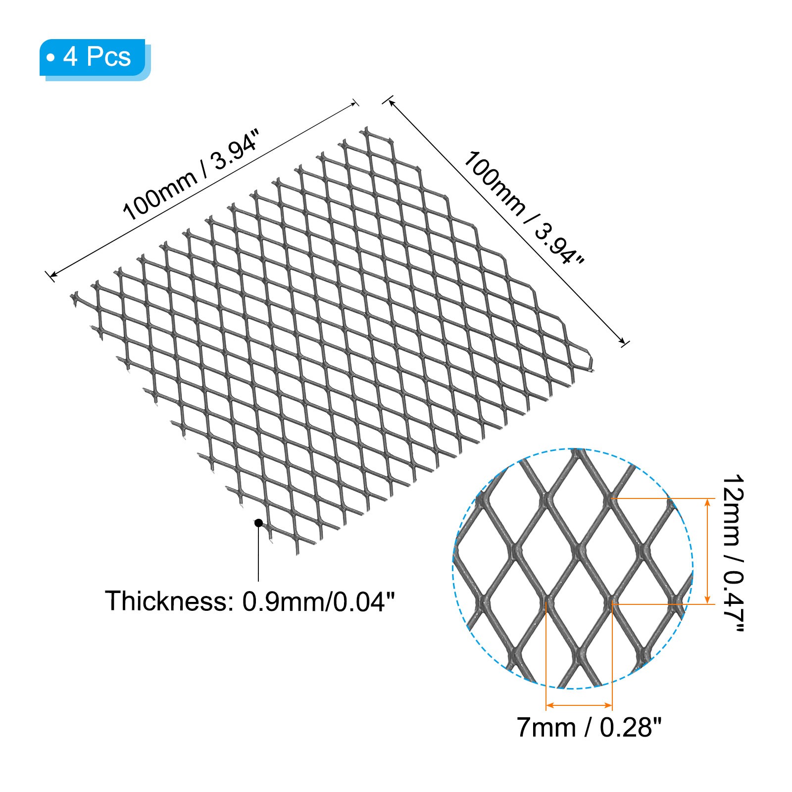 4″L x 4″W Universal Car Grill Mesh, 4Pcs 7x12mm Diamond Hole, Black