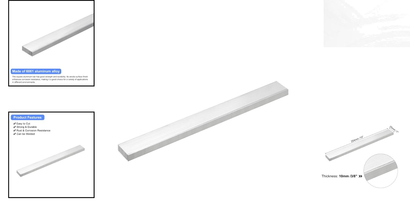 Lightweight and Corrosion-Resistant 6061 Aluminum Square Bar, 3/8″ x 1″ x 10″