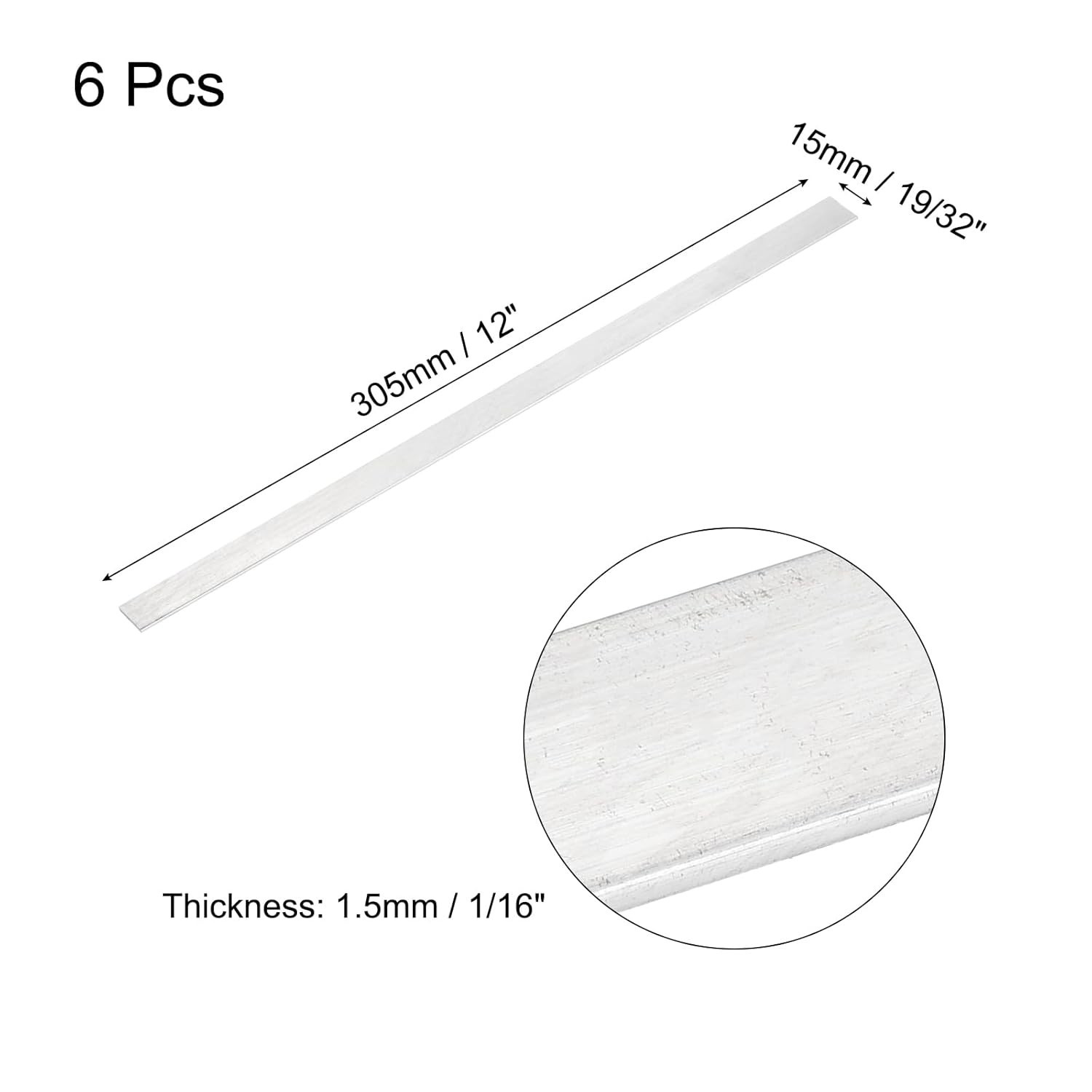 6 Pcs Square Aluminum Flat Bar, 1/16″ (1.5mm) Thick x 19/32″ (15mm) Width x 12″
