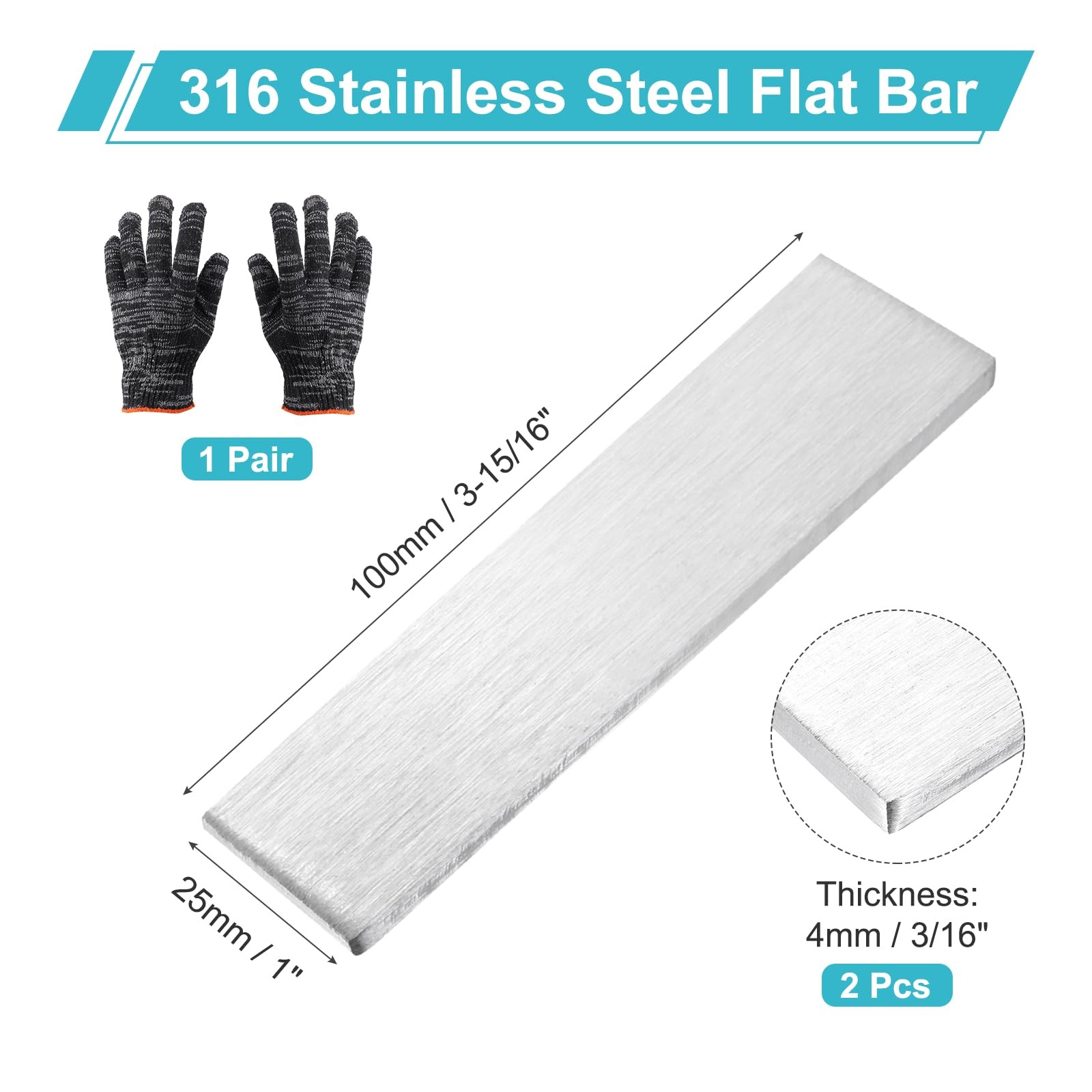 2 Set 316 Stainless Steel Flat Bar, 3/16″(4mm) T x 1″(25mm) W x 3-15/16″(100m…