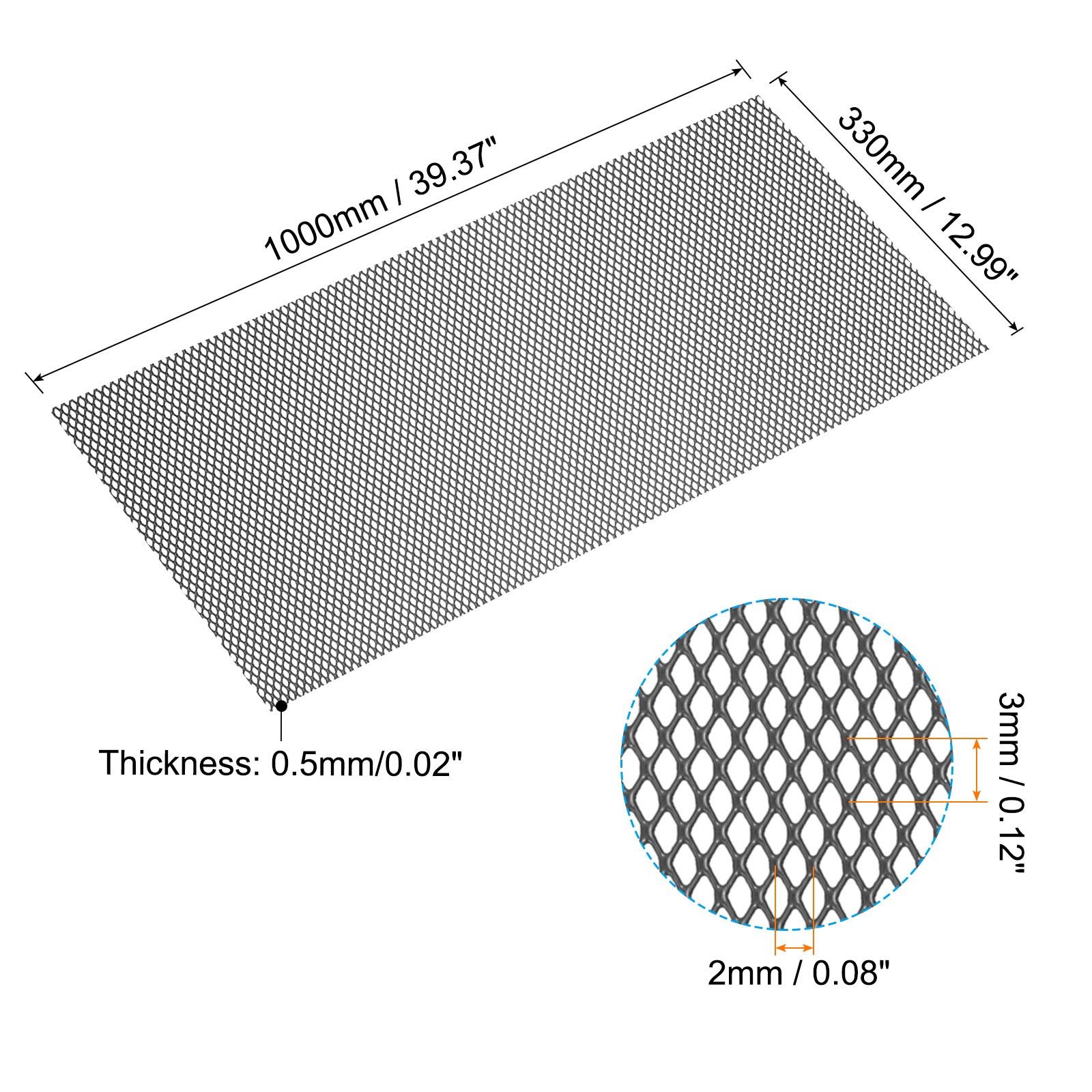 40″L x 13″W Universal Car Grill Mesh, 2x3mm Diamond Hole, Black