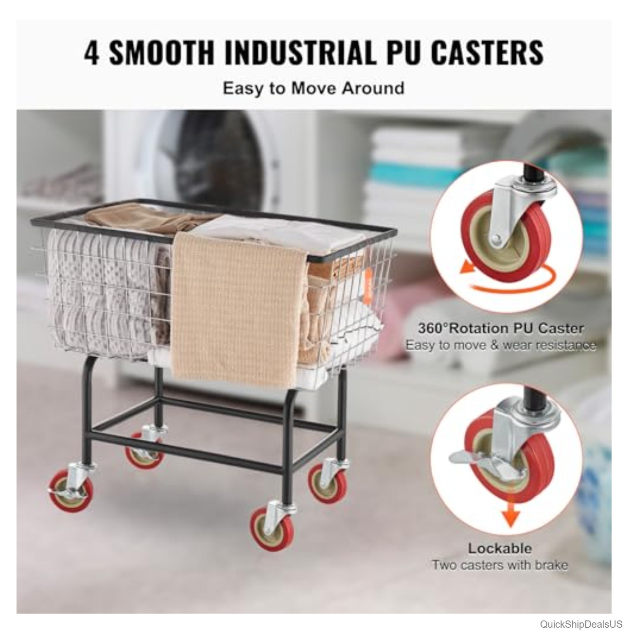 Wire Laundry Cart 2.8 Bushel Steel Frame Chrome Finish 4 Caster Wheels