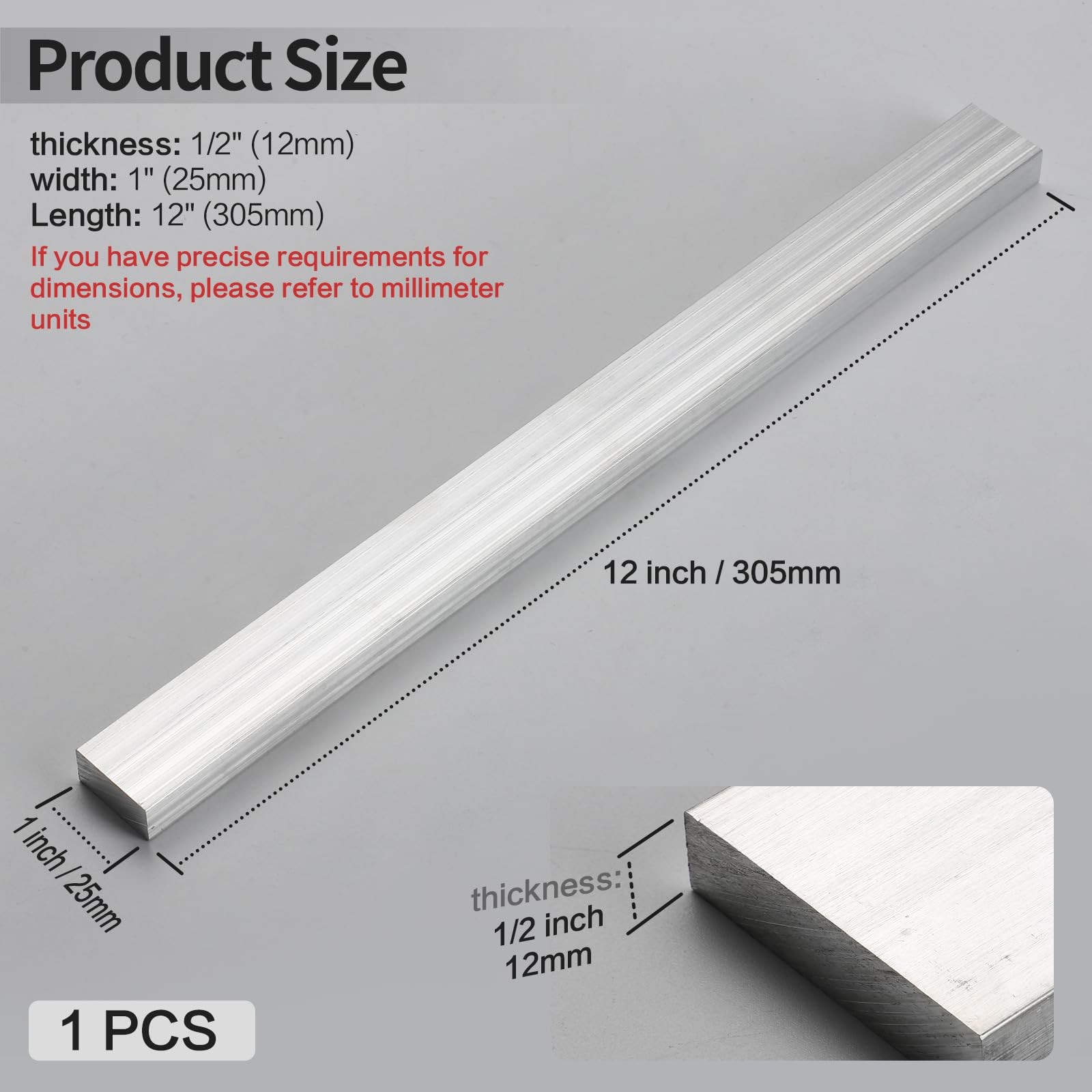 1 PCS 1/2x1x12 Inch 6061 Square Aluminum Flat Bar 12x25x305mm Plate T6511