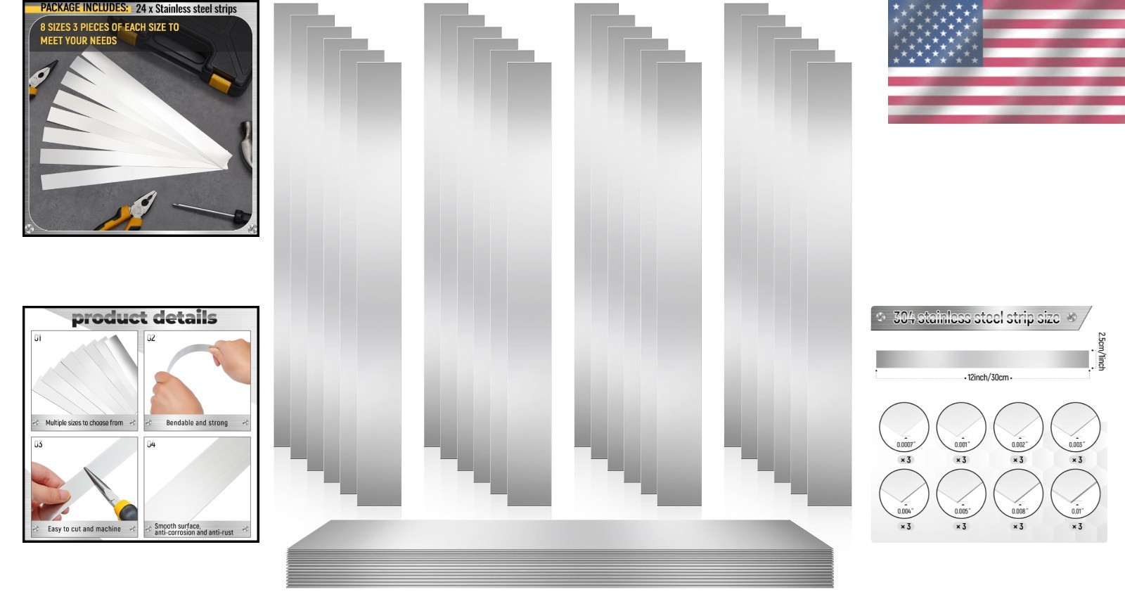 Metal Shim Stock Assortment: 24 Pcs of Durable 12” x 1” Stainless Steel Strips