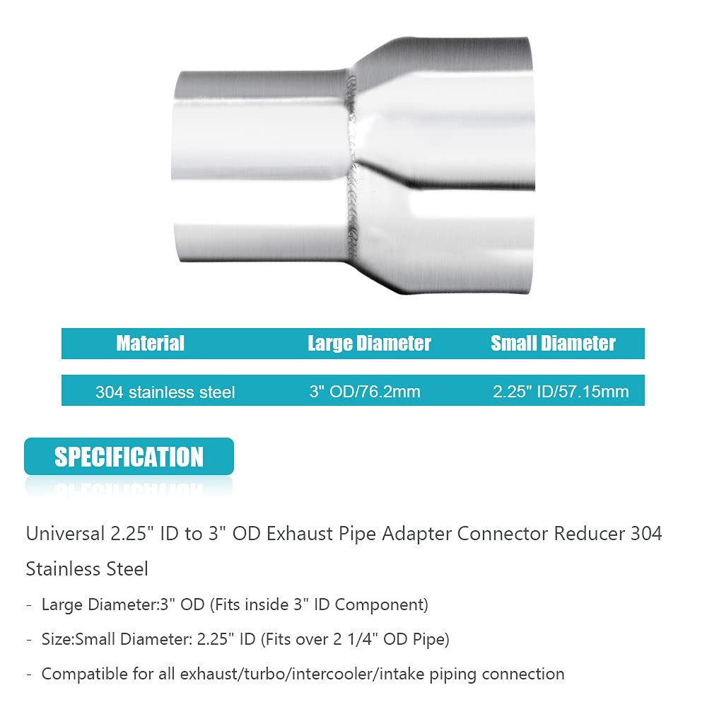 Universal 2.25″ ID to 3″ OD Exhaust Pipe Adapter Connector Reducer 304 Stainless
