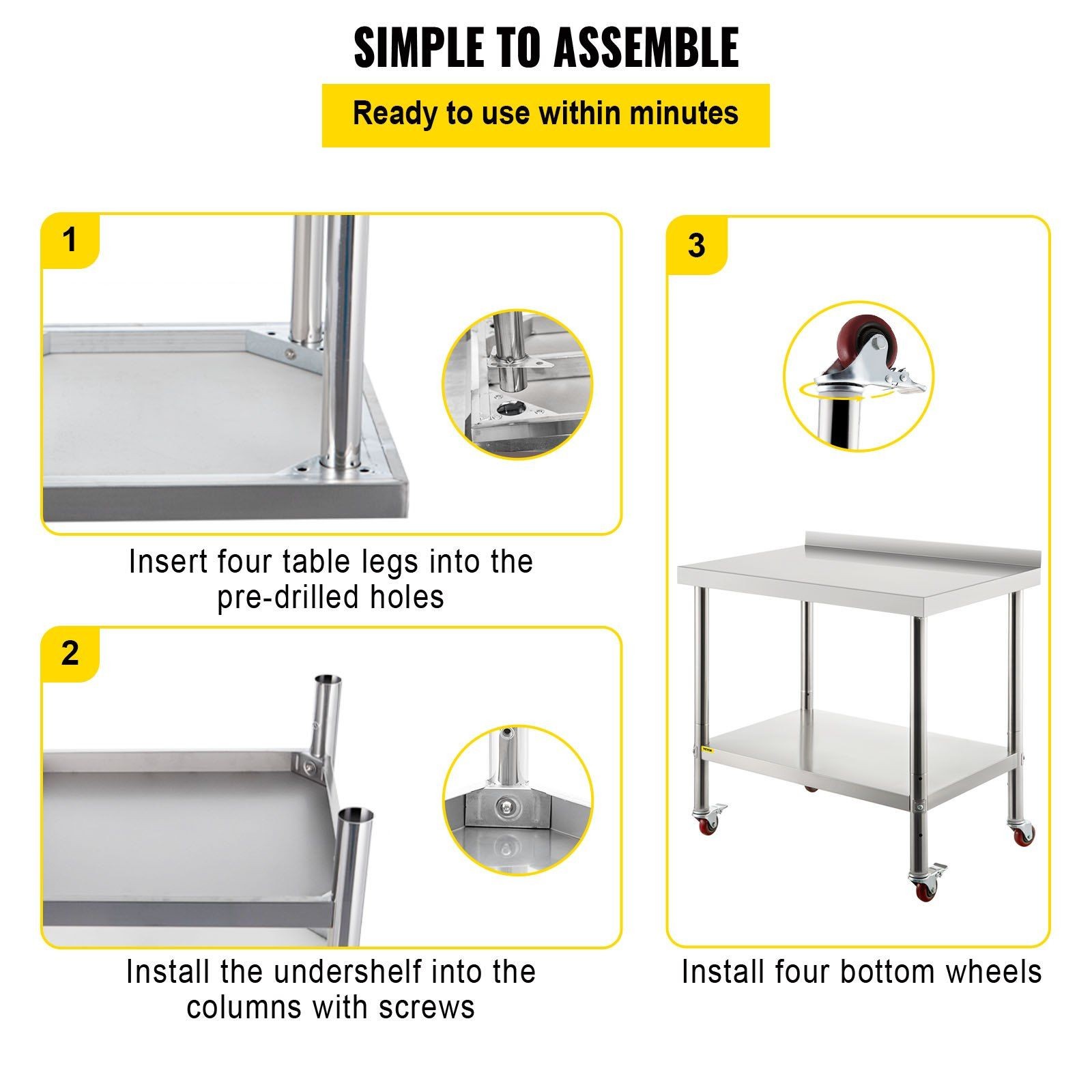 Commercial Stainless Prep Table: 30″x24″, 440lb Load, 3-Tier Shelf, Backsplash