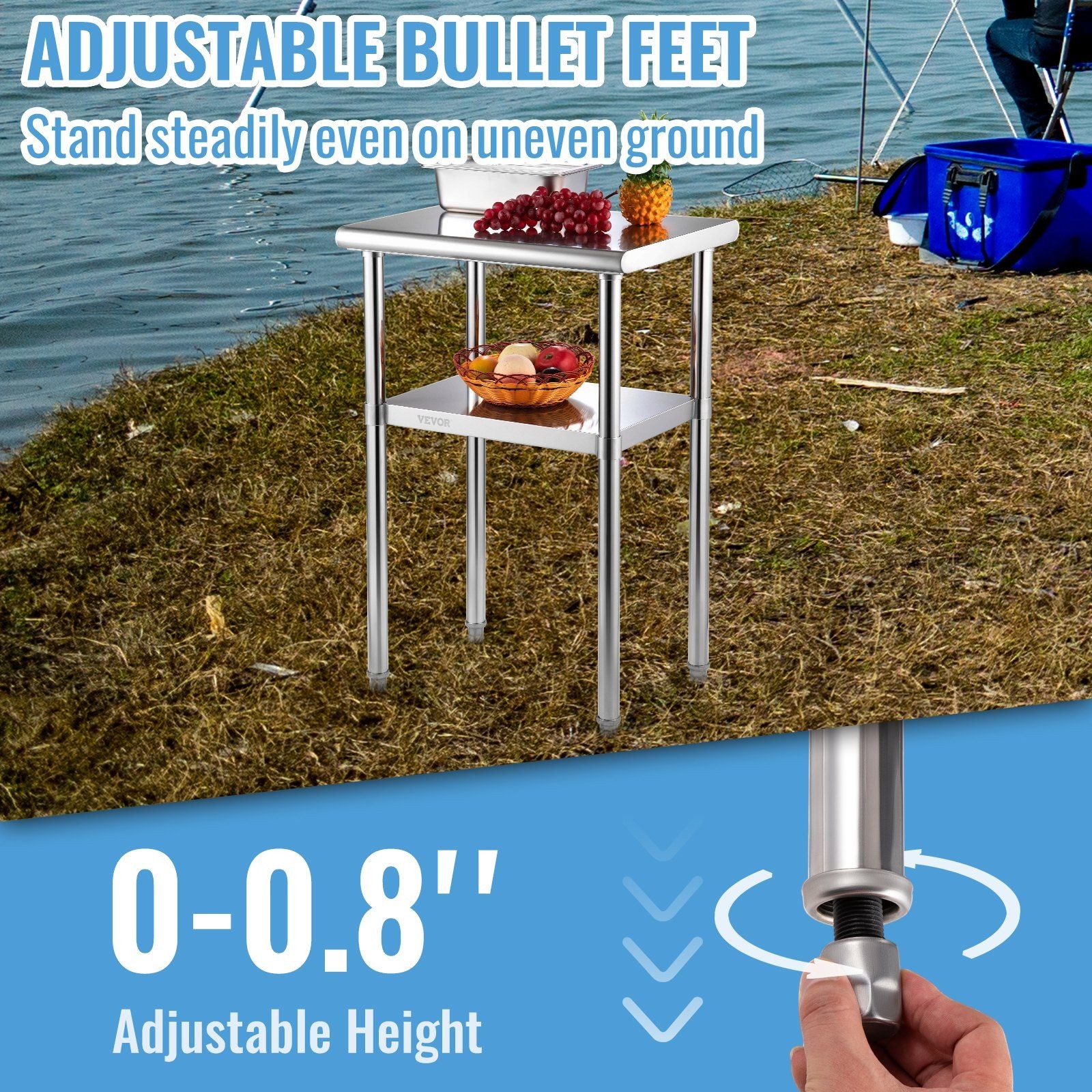 All Stainless Steel 24x18x36in 600lb Capacity Work Counter with Adjustable Base
