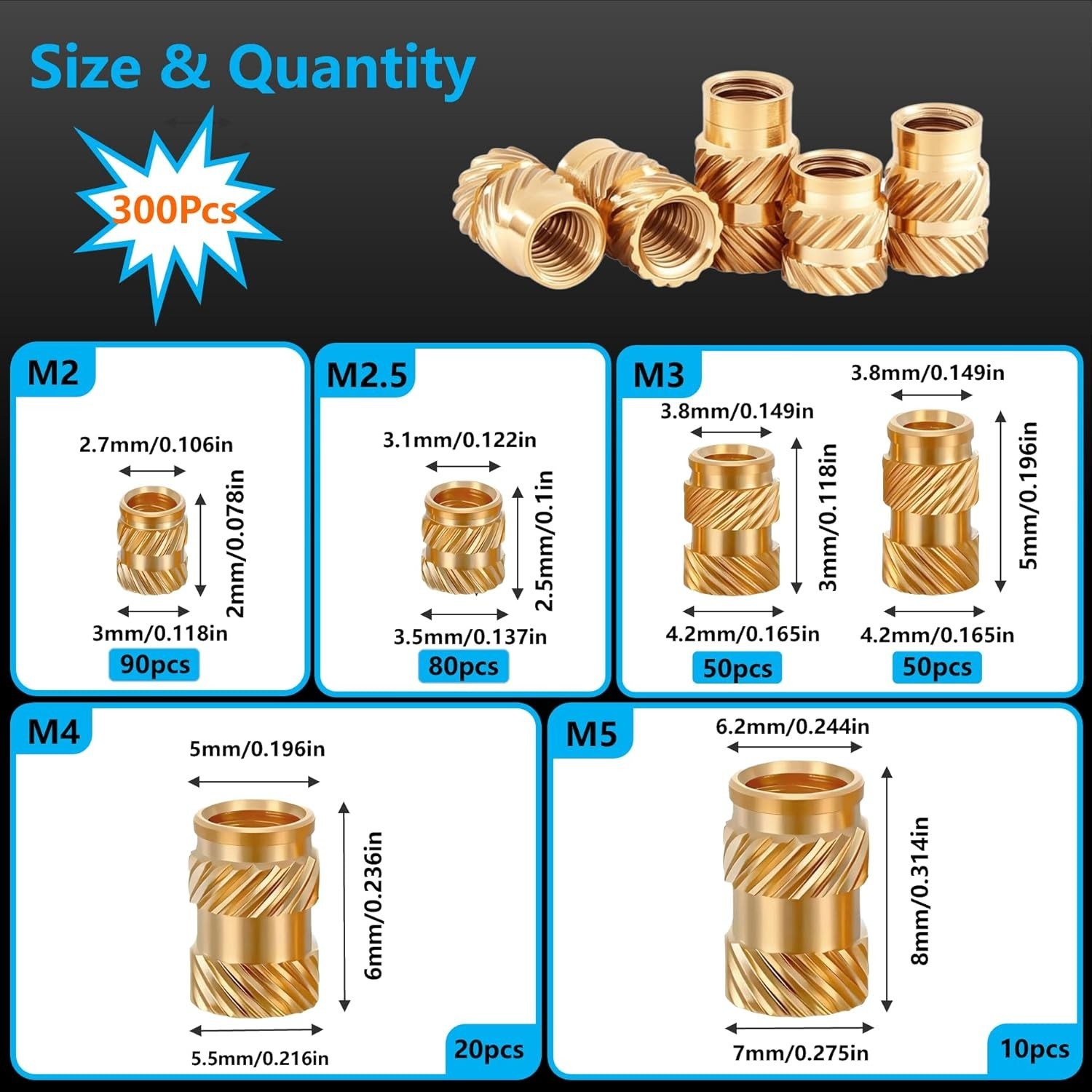306Pcs Brass Heat Set Inserts Kit M2 M2.5 M3 M4 M5 for 3D Print