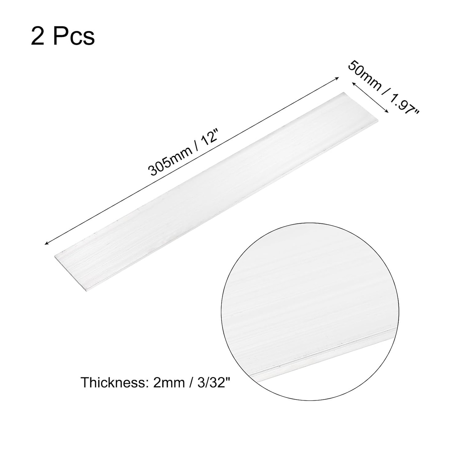 Square Aluminum Flat Bar 2mm Thick 2 Inch Wide 12 Inch Long 6061 Alloy