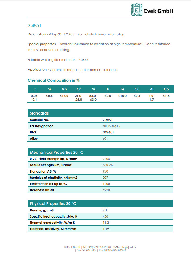 Inconel® Alloy 601 Sheet Metal 0.8128-50.8mm Plate 2.4851 Cut to Size