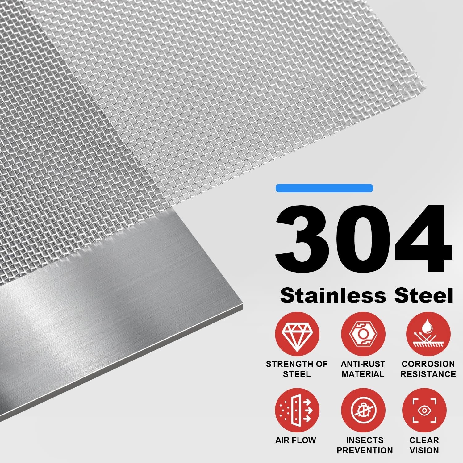 304 Stainless Steel Mesh 24In X 10Ft, 20 Mesh Never Rust Sturdy Metal Screen, Wo