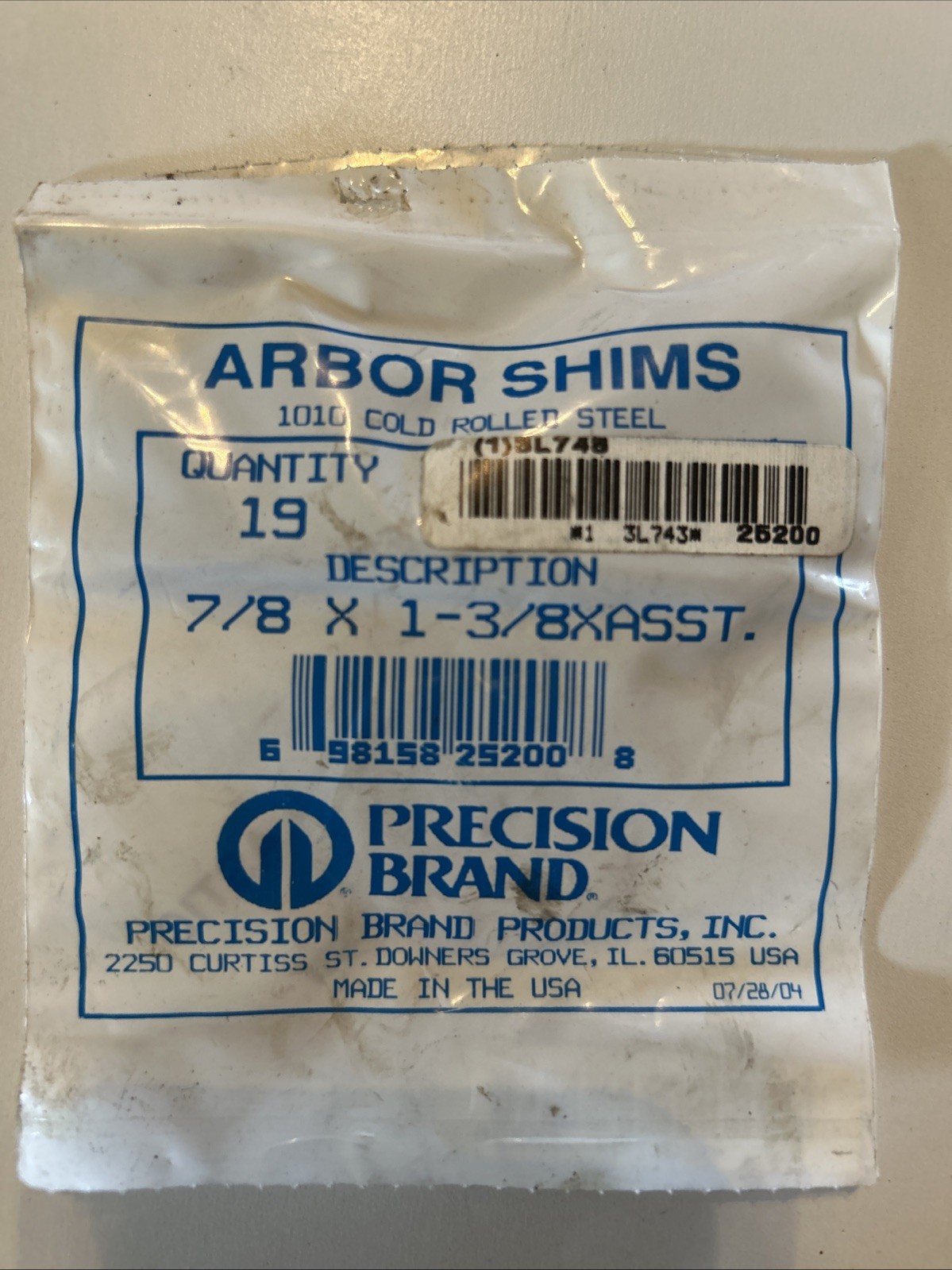 Precision Brand 25200 Arbor Shim Assortment Inside Dia. 0.875″, Pk19