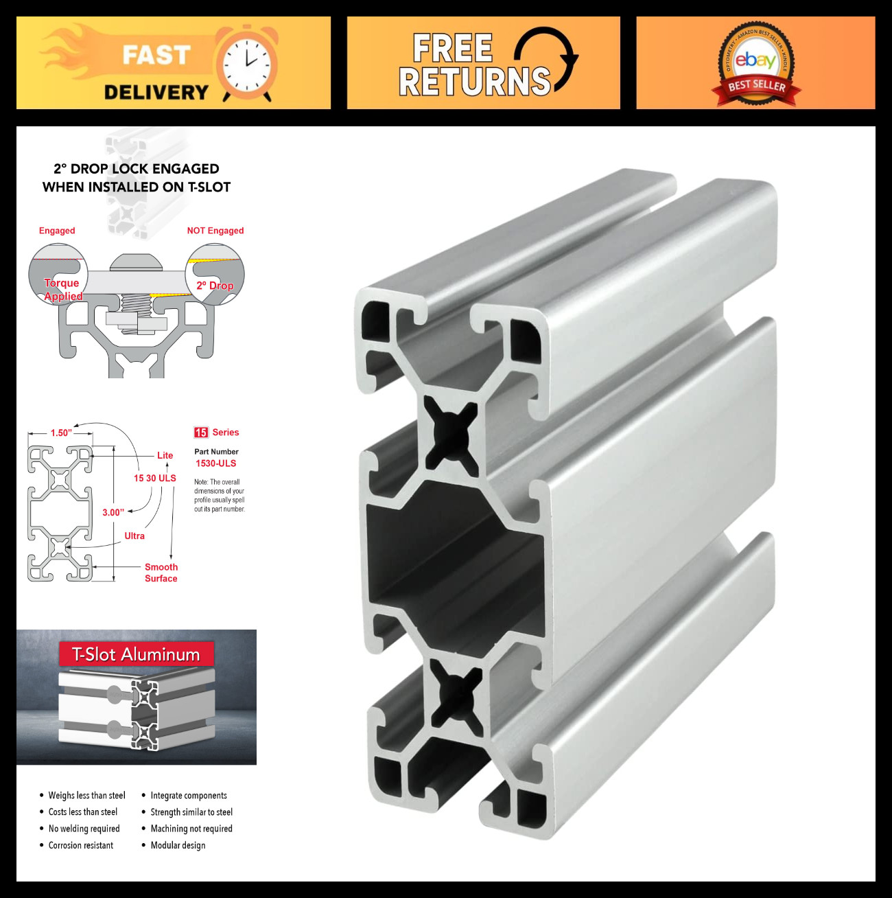 15 Series 1.5×3 Inch T-Slot Aluminum Extrusion Rail – DIY Linear Slot Bar, 12” L
