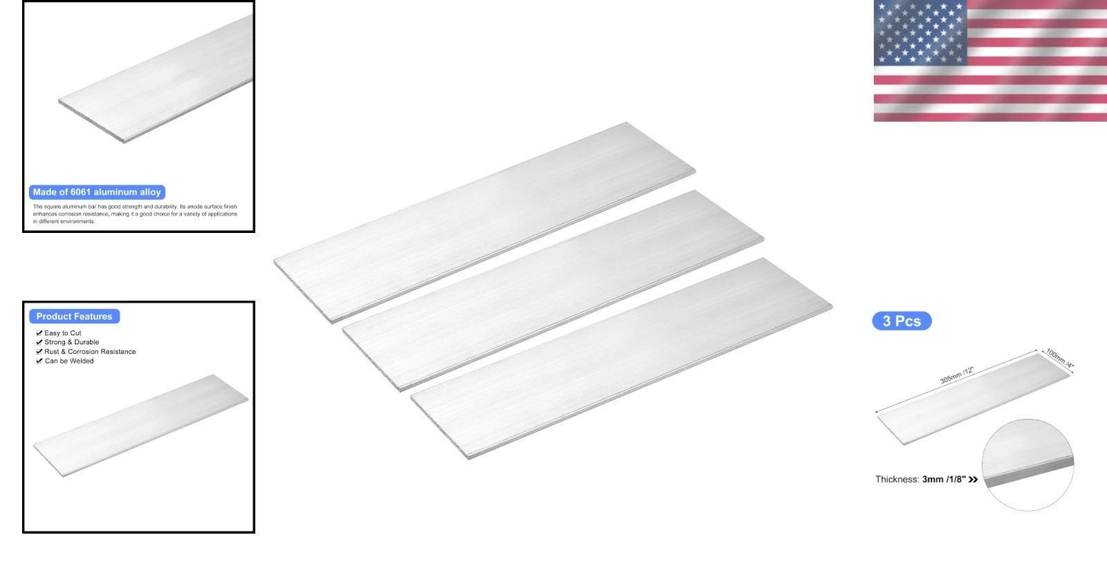 6061 Aluminum Flat Plate 3pcs Set – 1/8″ x 4″ x 12″