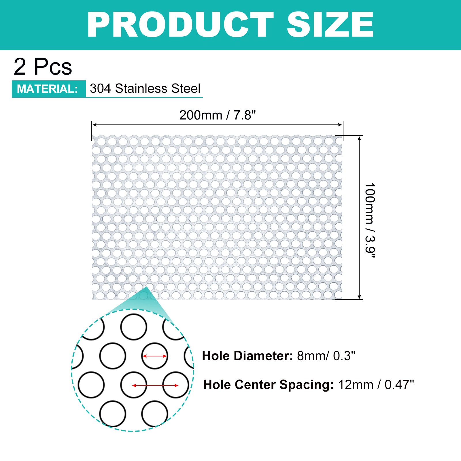 2Pcs 20GA 7.9″ x 3.9″ Round Hole 304 Stainless Steel Perforated Sheet