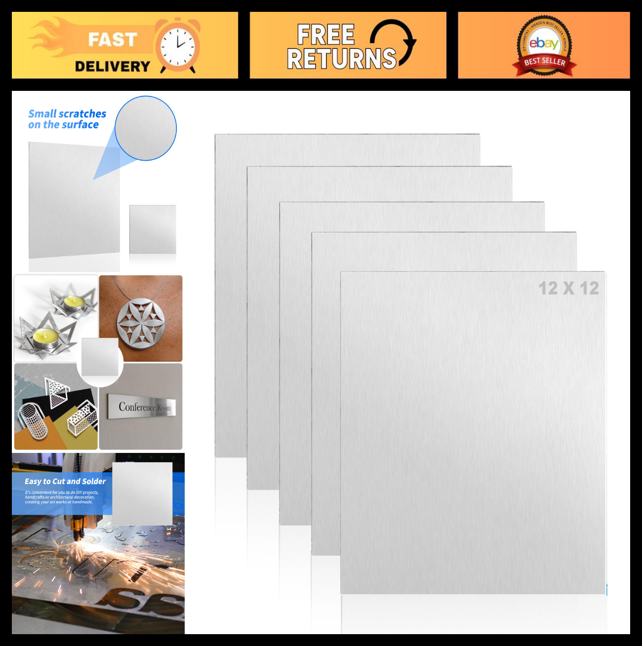 5 Pack 12×12″ Aluminium Metal Sheets 6061 T6, 1/16″ Thick, Flat Panels for Craft