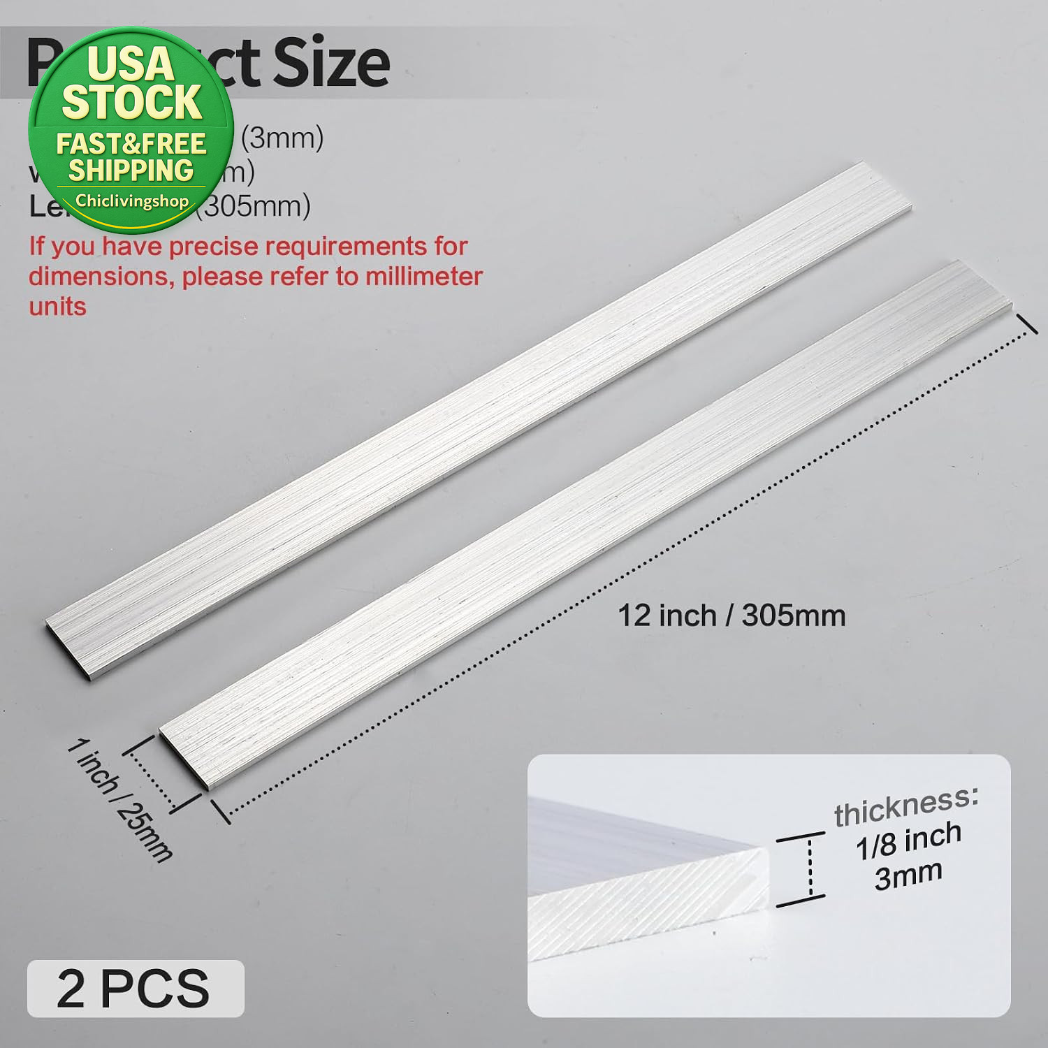 2 Pcs 6061 Aluminum Flat Bar 1 8 X 1 X 12 Inch Solid Square Plate Stock