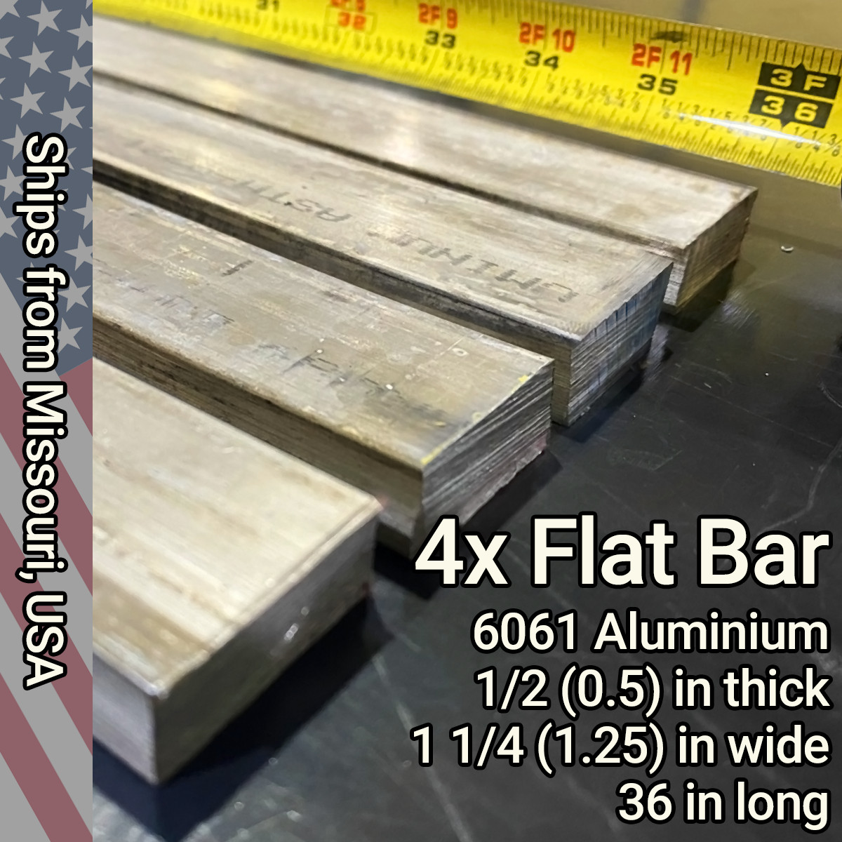 4x Pieces 1/2″ x 1-1/4″ (0.5″ x 1.25″) x 36″ long 6061 Aluminum Flat Bar
