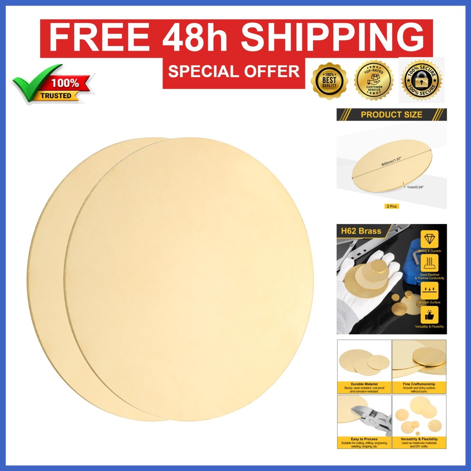 uxcell Brass Round Plate 0.04″ Thick 2″ Dia H62 2Pcs Metal Sheet